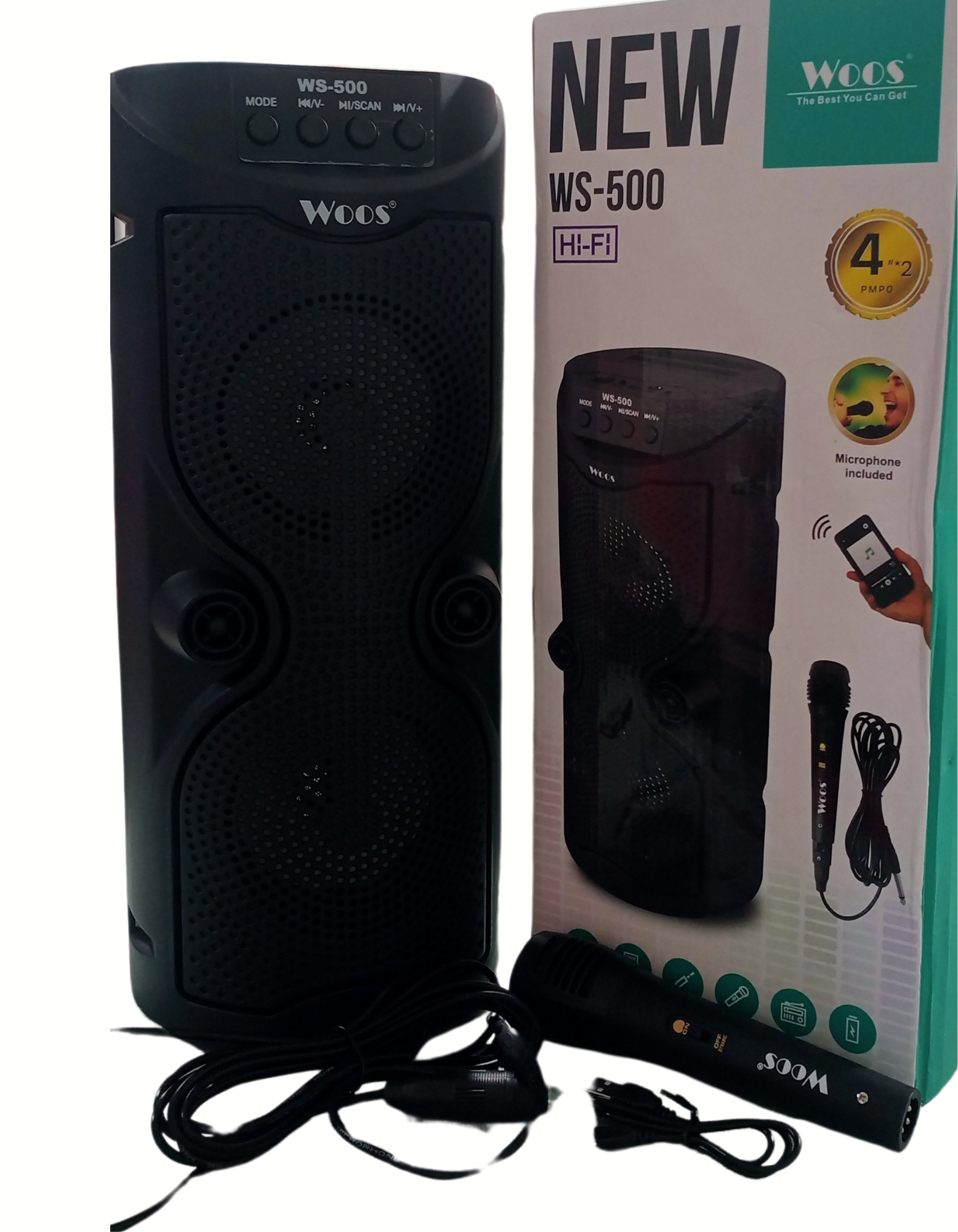 WOOS With Mic Wireless Bluetooth Super Bass Portable Hifi Speaker with Wired Mic,Lights 15 WT Bluetooth Party Speaker (Black, Stereo Channel)