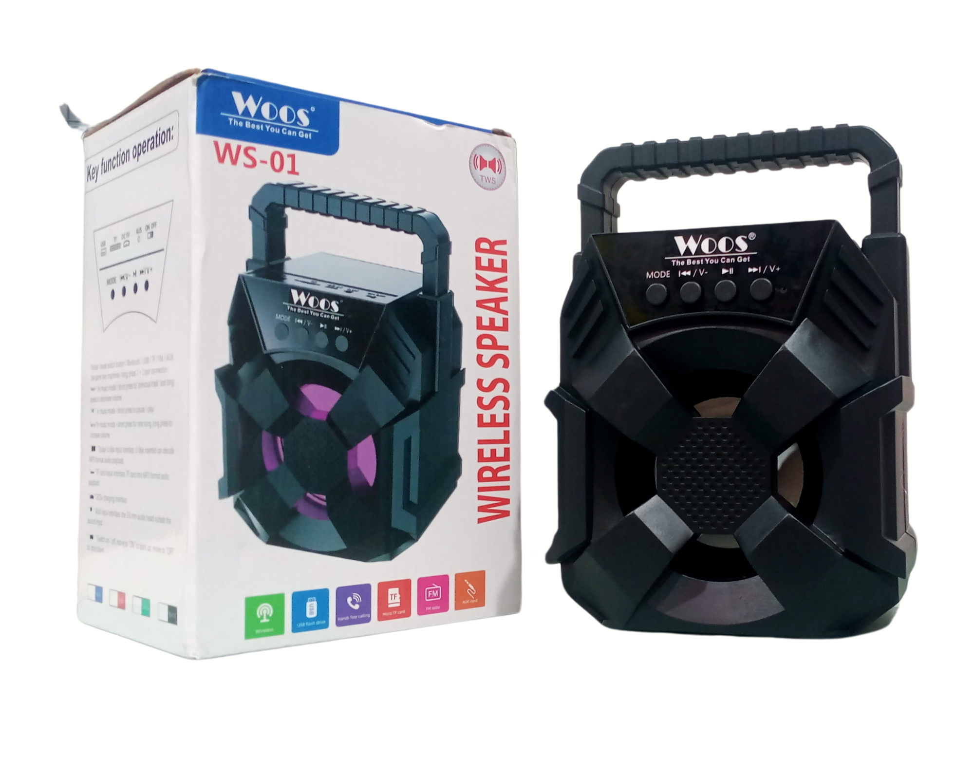 Woos DJ Sound quality Blast Portable WS-01 |3D sound| Splash proof| Water resistant| Extra Baas Stereo sound quality |Led Color Changing Lights | mini Home theatre| AUX supported| wireless Speaker| Long hour battery Life 10W Bluetooth PA Speaker