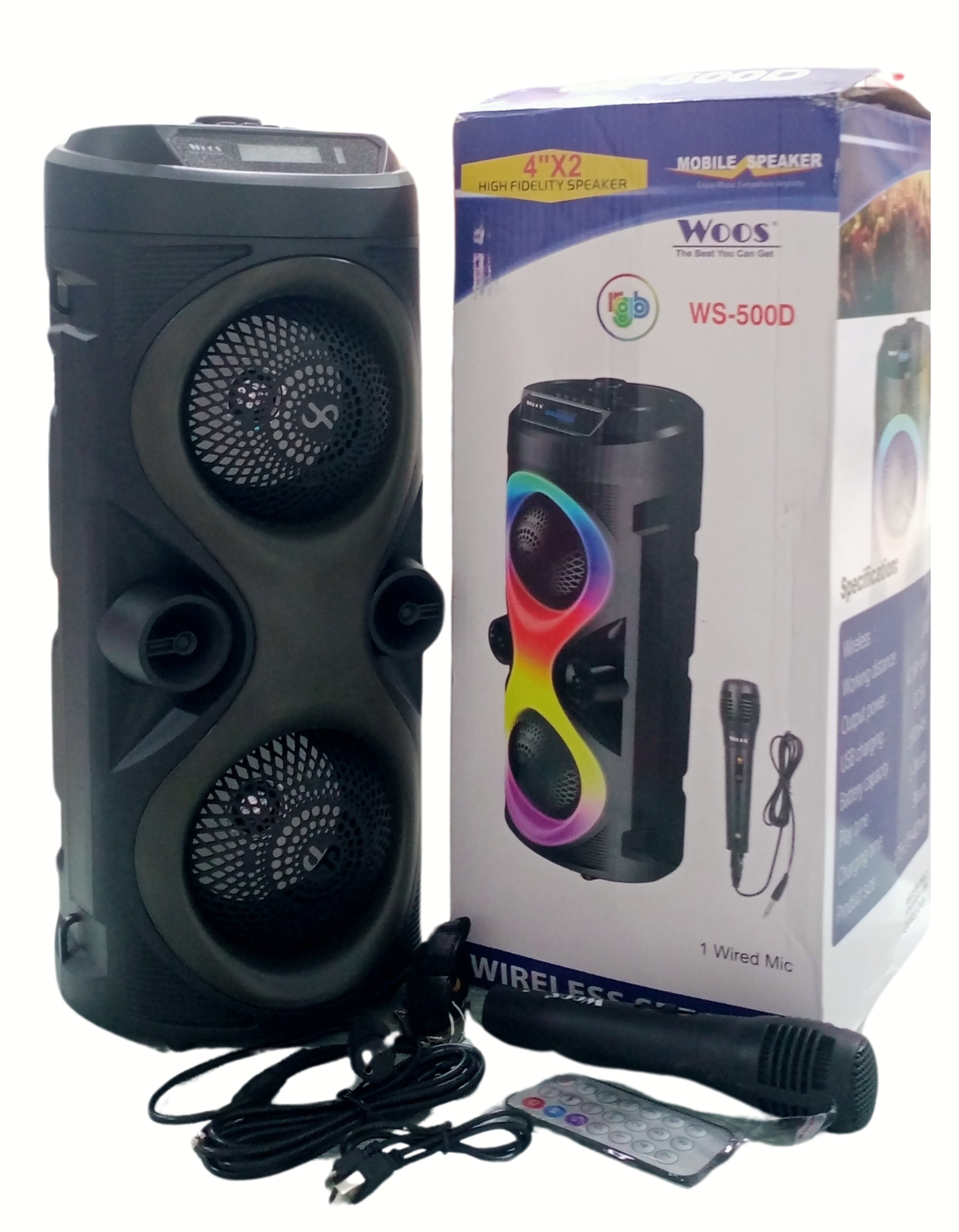 WOOS WS-500D RGB Wireless speaker With Mic Wireless Bluetooth Super Bass Portable Hifi Speaker with Wired Mic,Lights 10watts Bluetooth Party Speaker (Black, Stereo Channel)