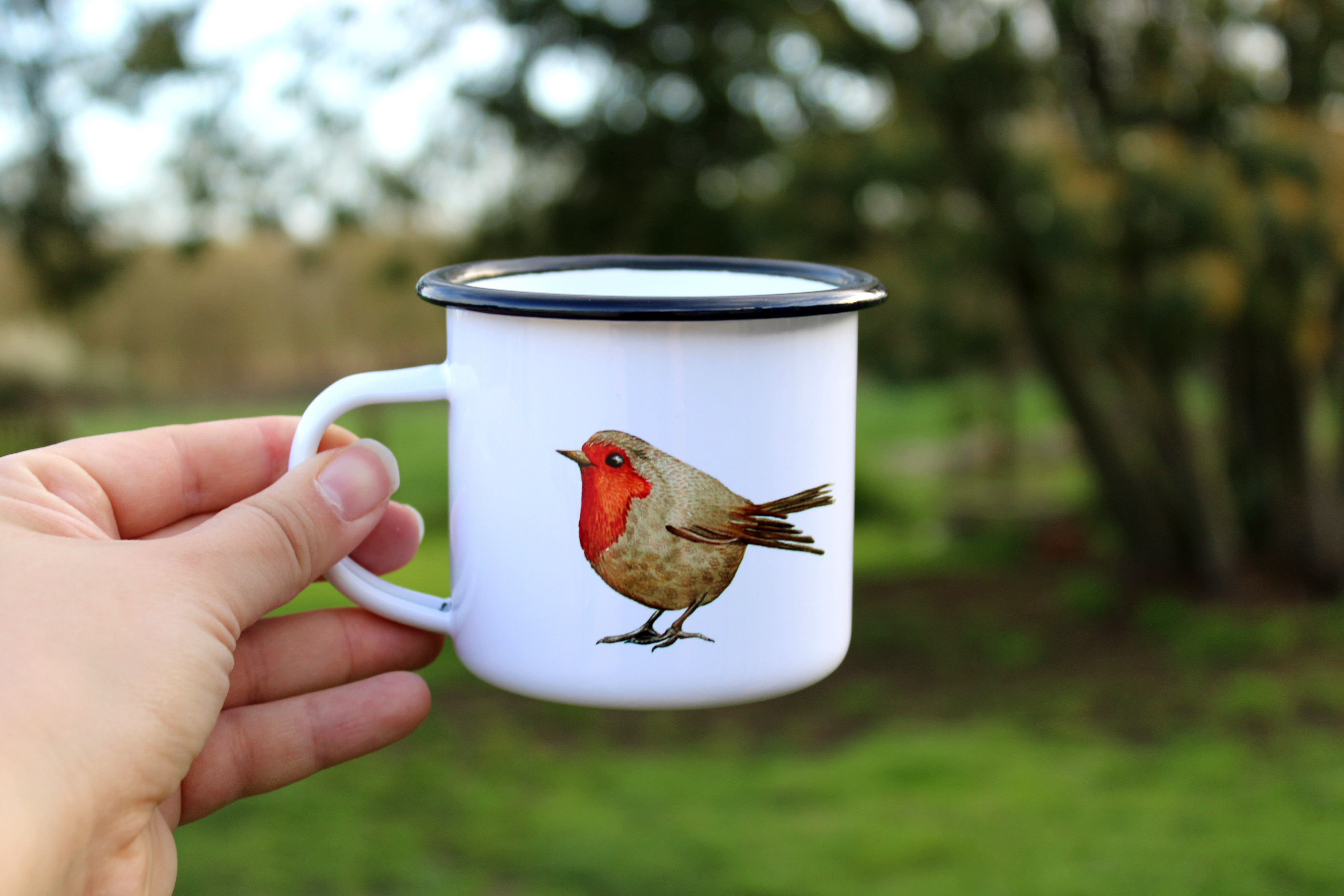 Mug / tasse émaillée en métal avec motif aquarellée - Duo d'oiseaux