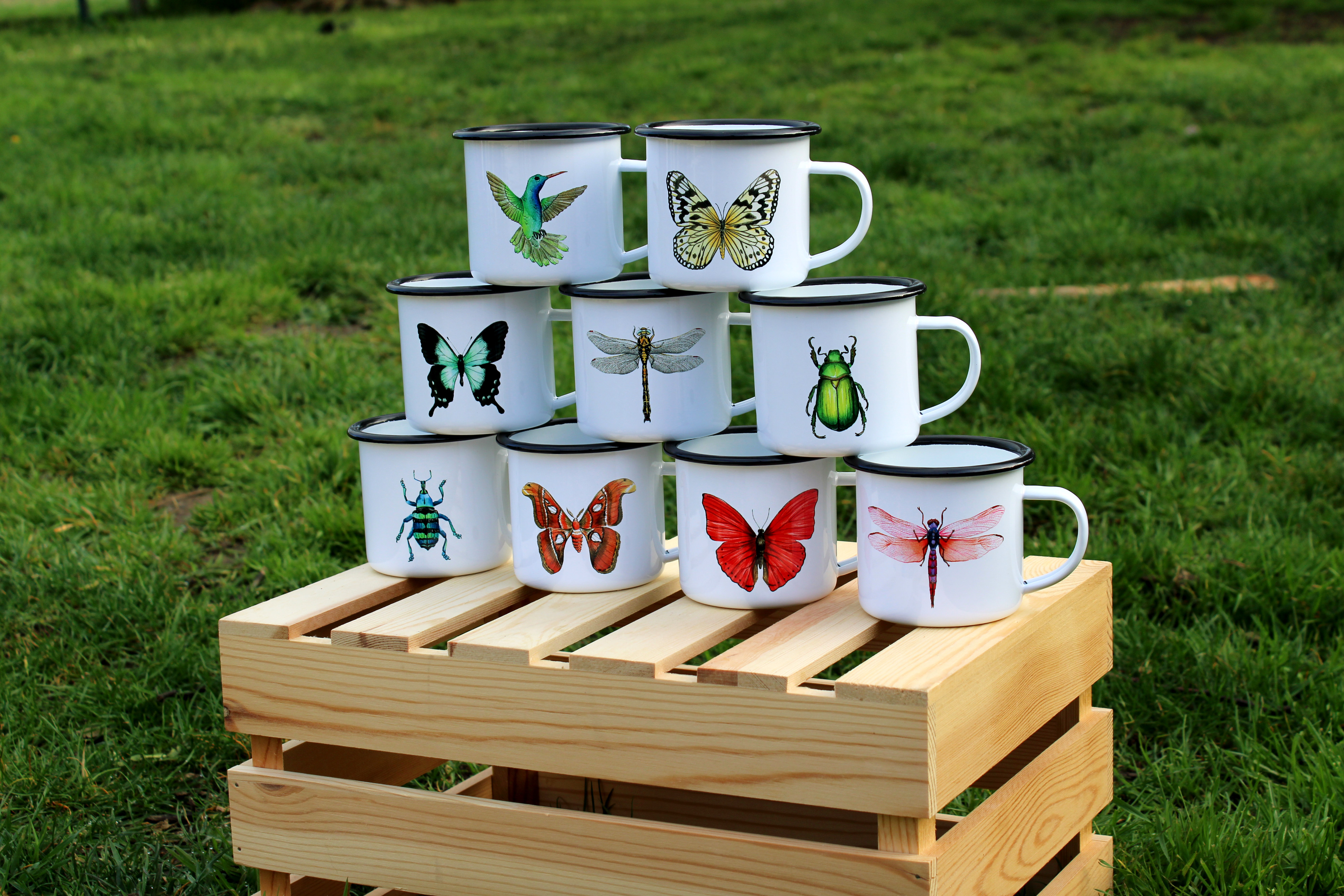 Mug / tasse émaillée en métal avec motif aquarellée - Duo d'oiseaux