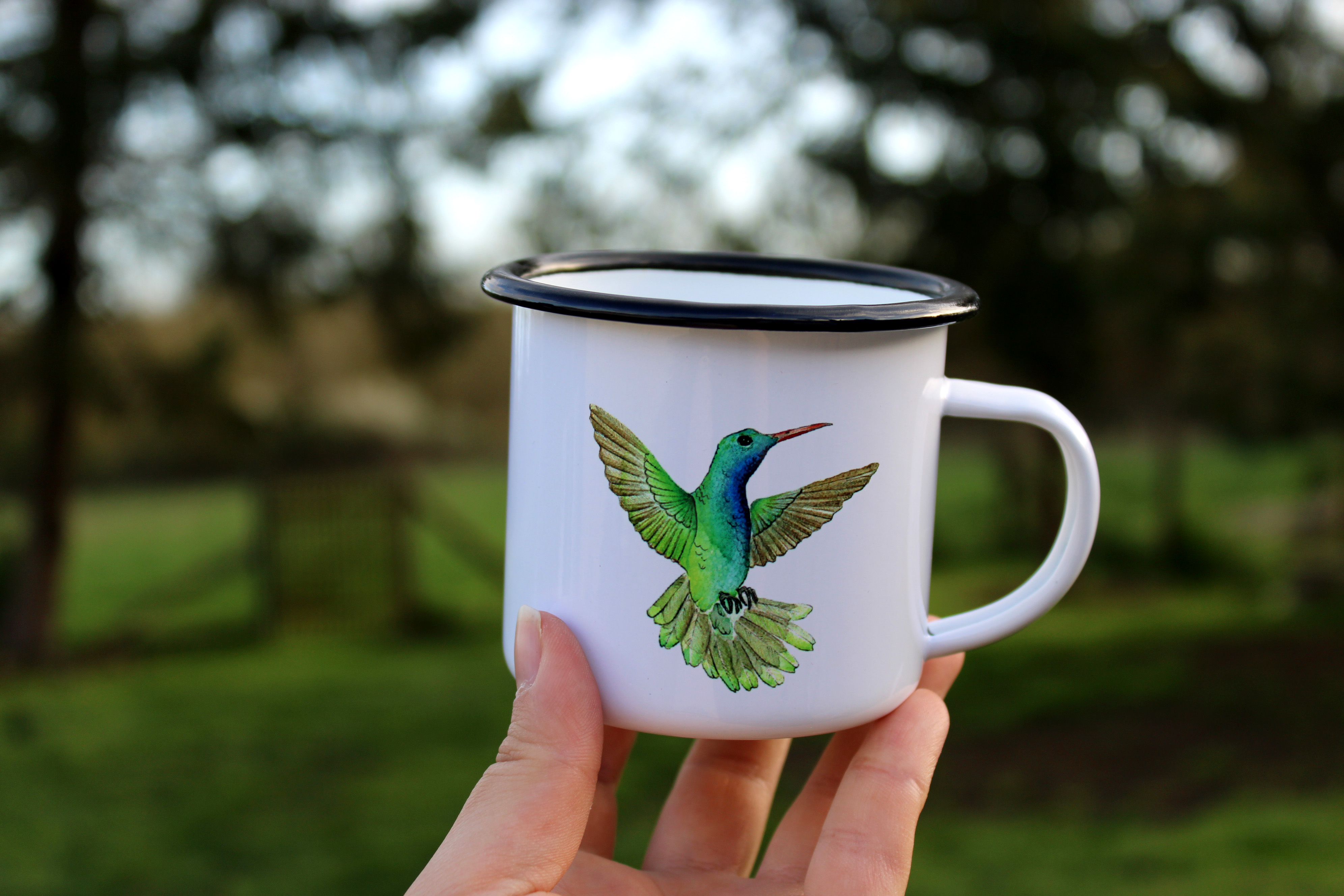 Mug / tasse émaillée en métal avec motif aquarellée - Duo d'oiseaux