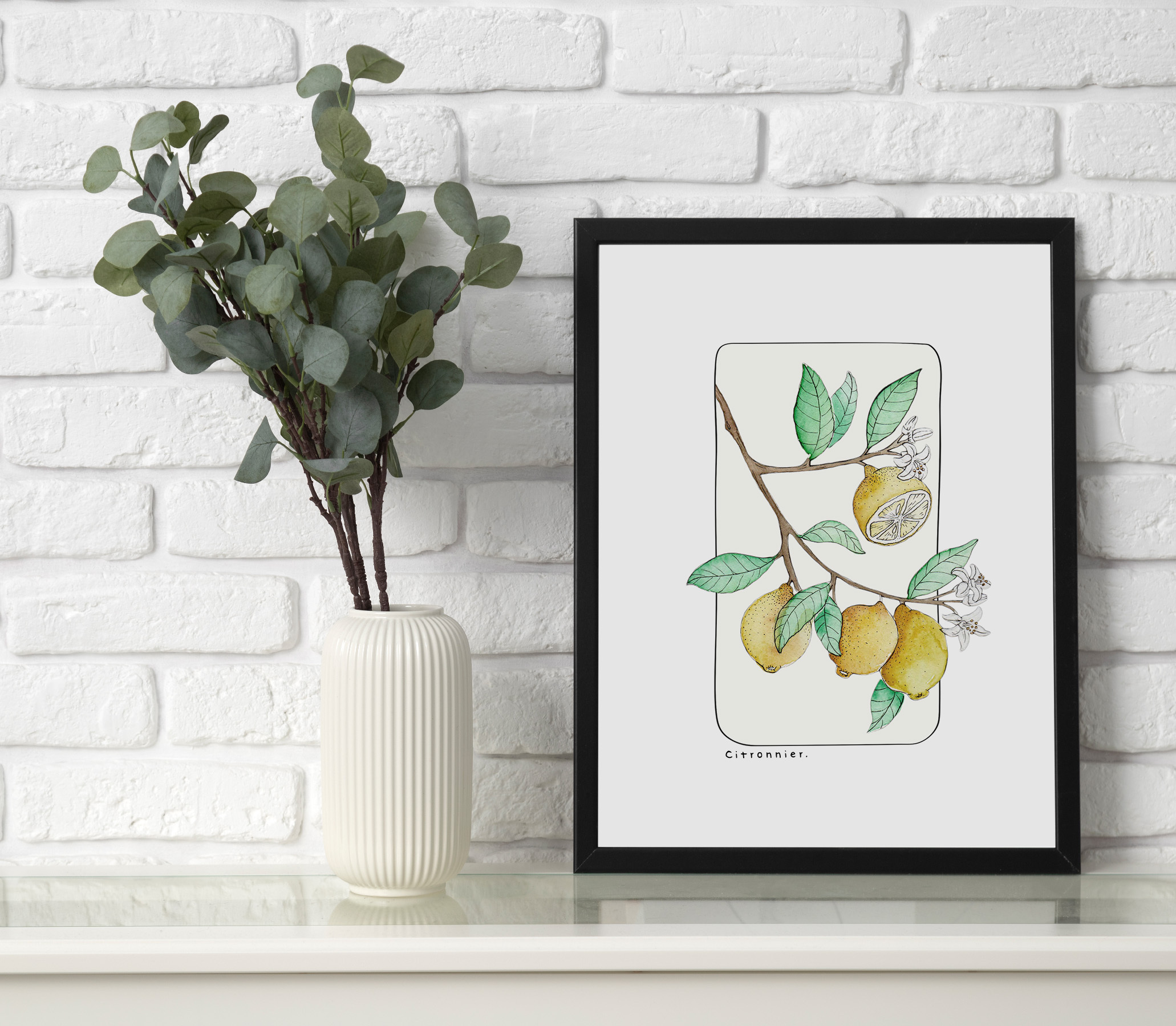 Affiche papier aquarelle A5 et carte postale - Citronnier