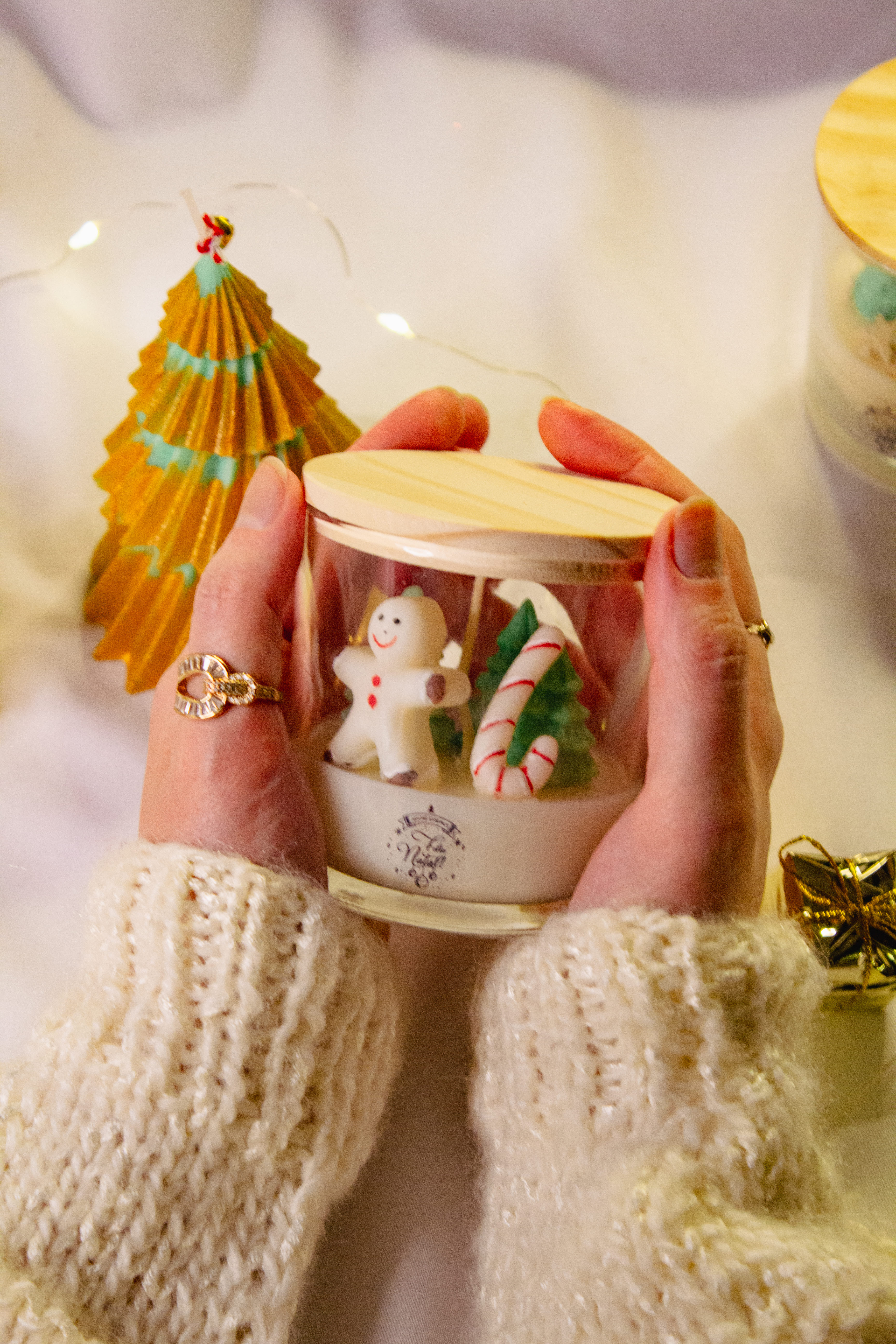 Vela de natal no copo de vidro - Bonecos e bengala