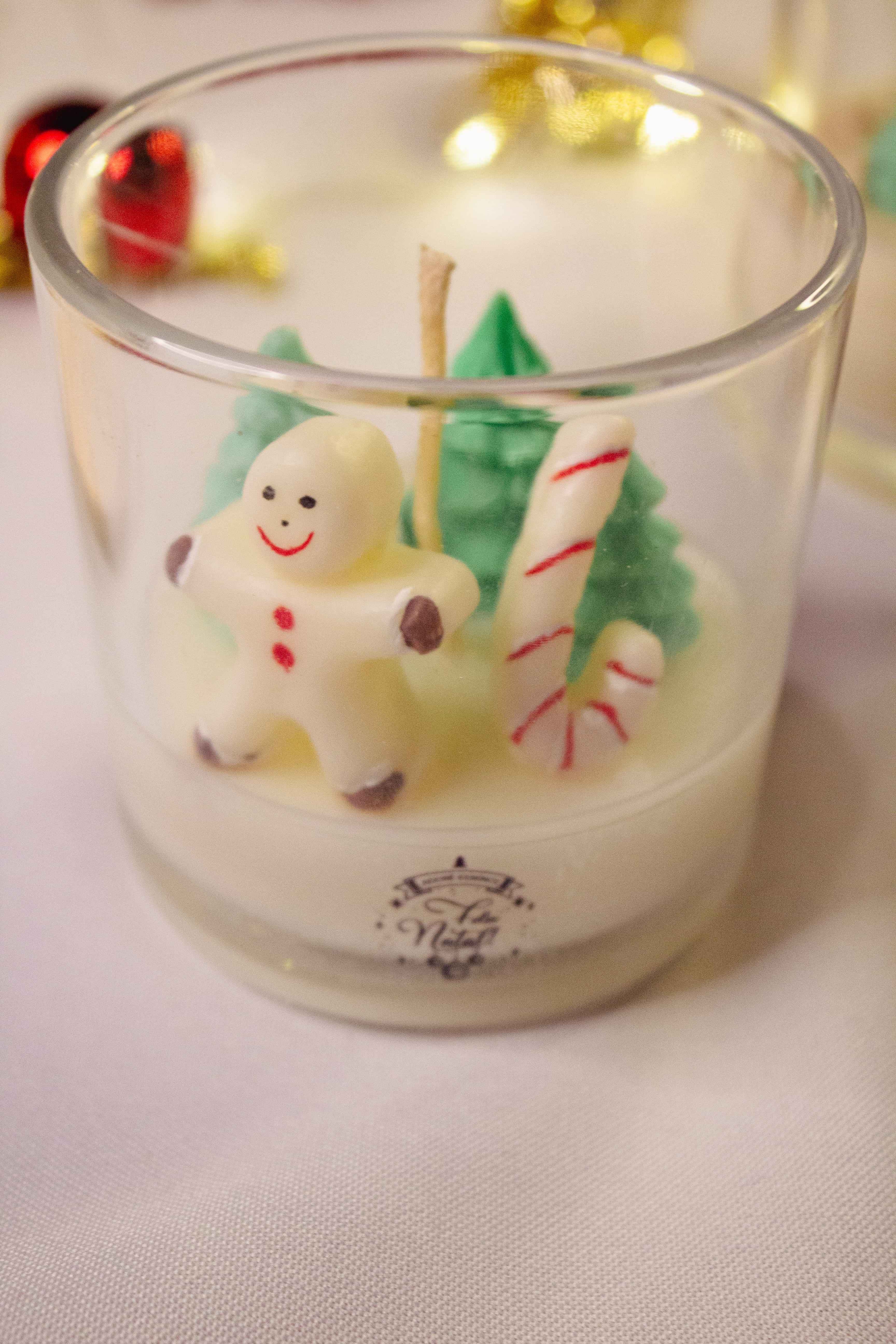 Vela de natal no copo de vidro - Bonecos e bengala