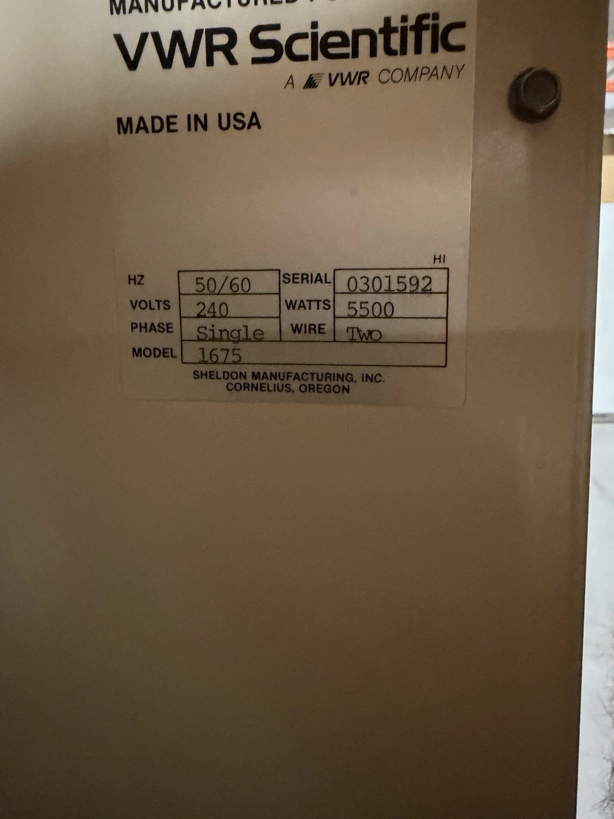 VWR SCIENTIFIC MODEL 1675 HORIZONTAL AIR FLOW OVEN