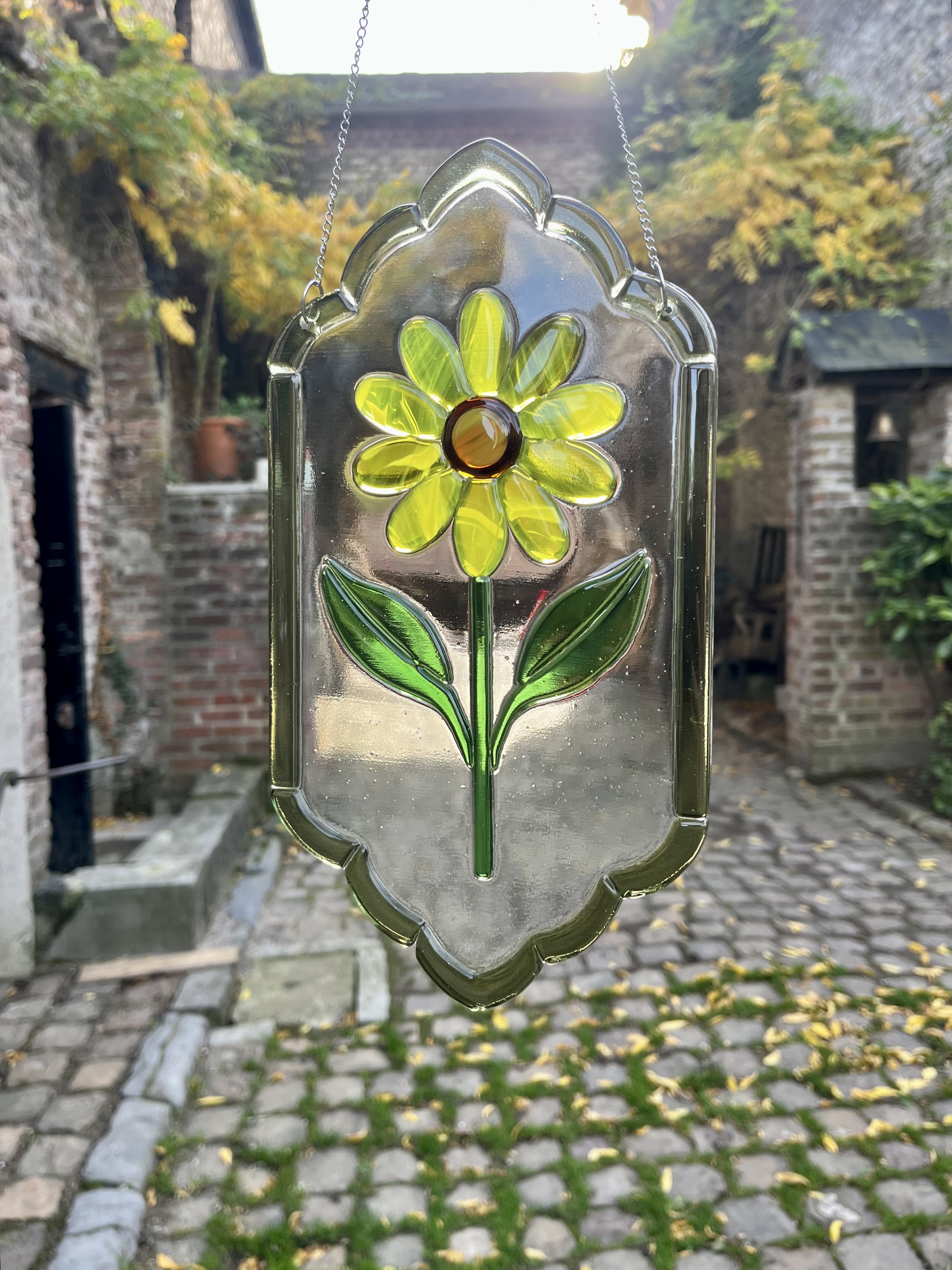 Vitrail fleur jaune - Suspension