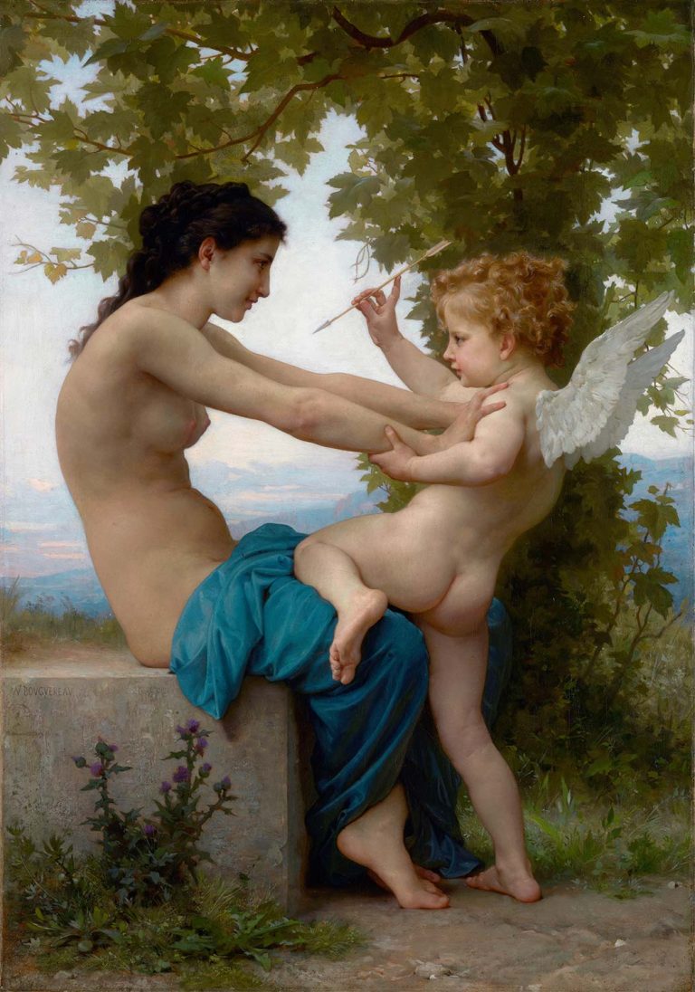 A Young Girl Defending Herself Against Eros by William-Adolphe Bouguereau Reproduction
