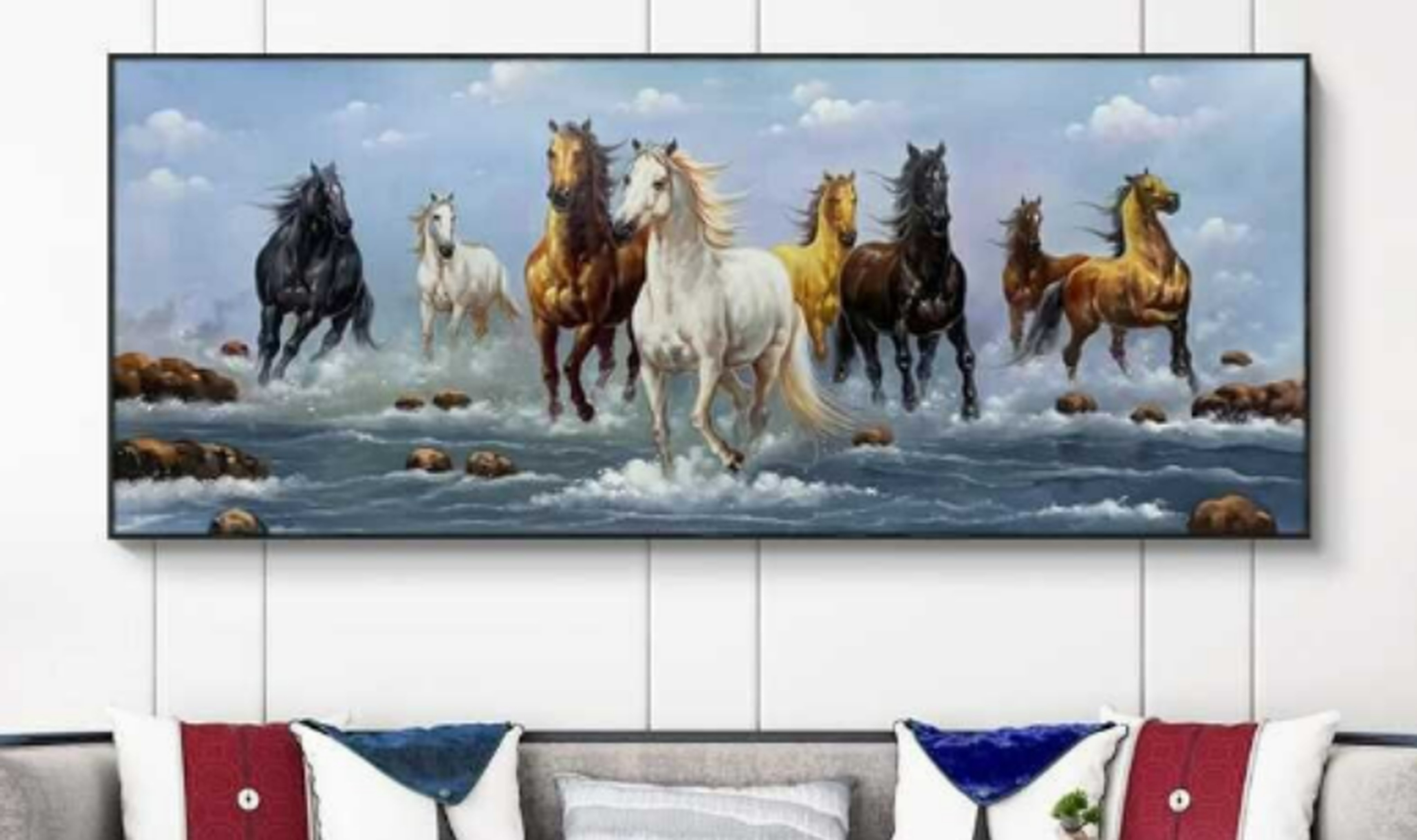 Original Eight Horses Bolting across the Prairie Oil Painting on Canvas