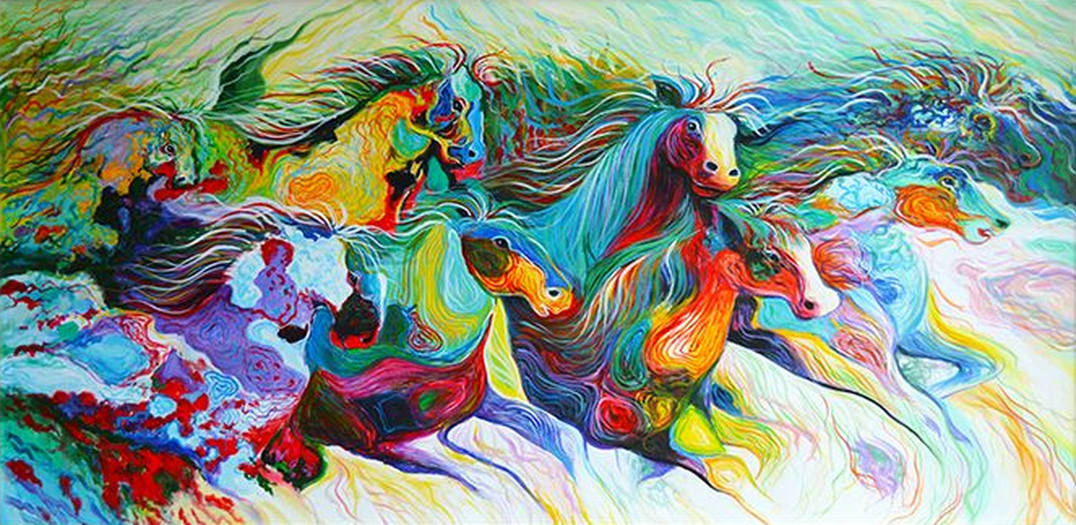 Original Eight Horses Sprinting across the Prairie Oil Painting on Canvas