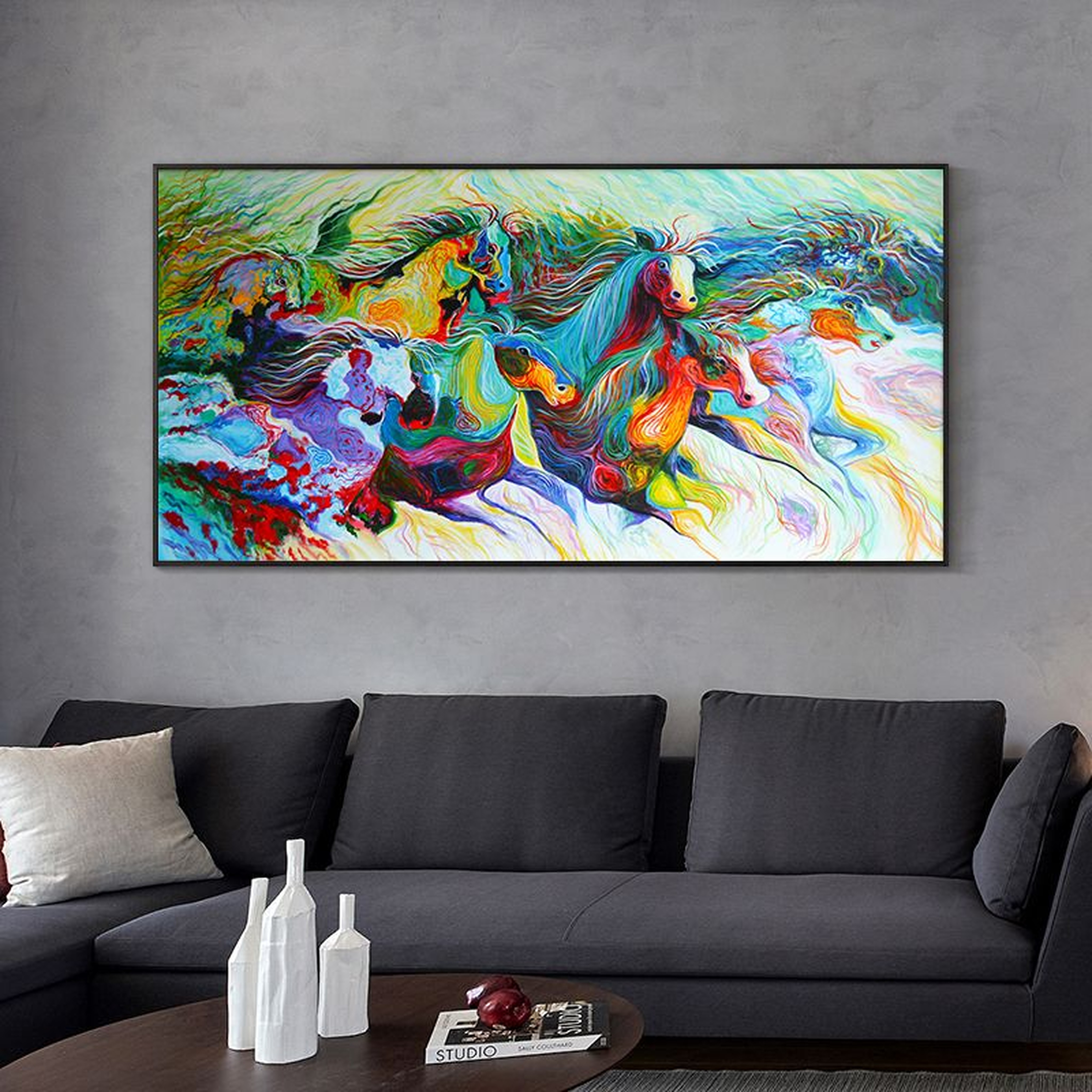 Original Eight Horses Sprinting across the Prairie Oil Painting on Canvas