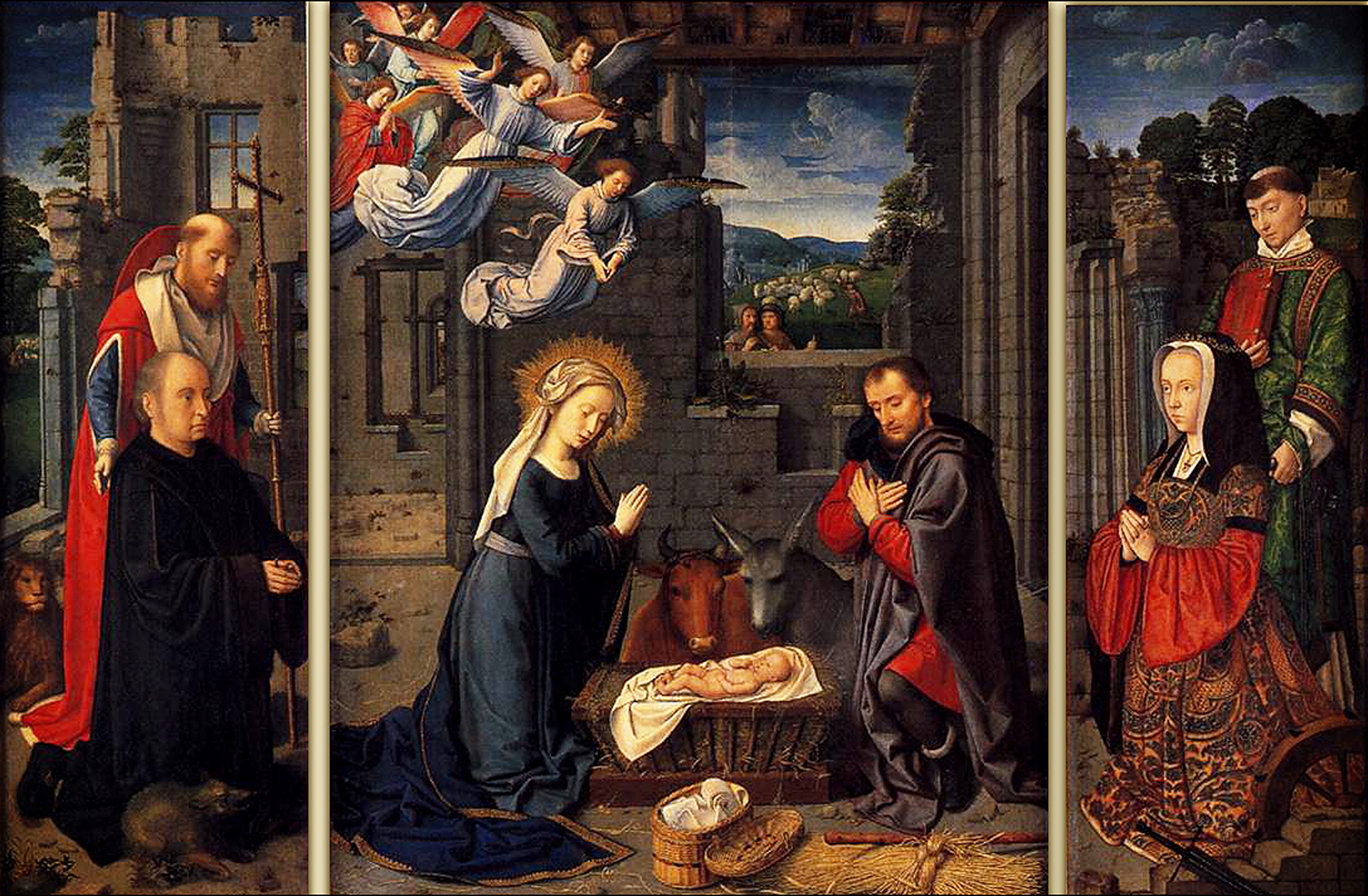 The Nativity with Donors and Saints Jerome and Leonard 1510 by Gerard David Reproduction