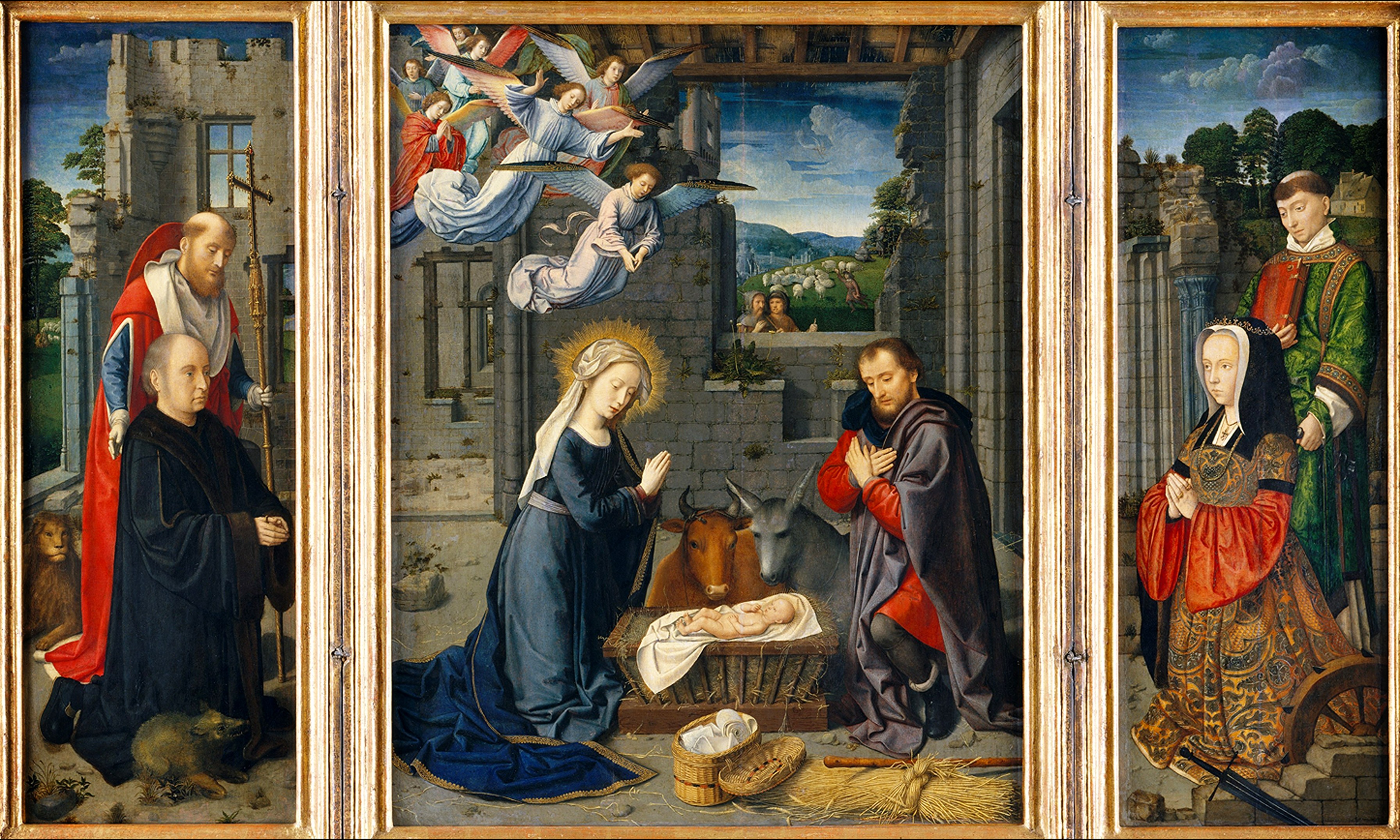 The Nativity with Donors and Saints Jerome and Leonard 1510 by Gerard David Reproduction