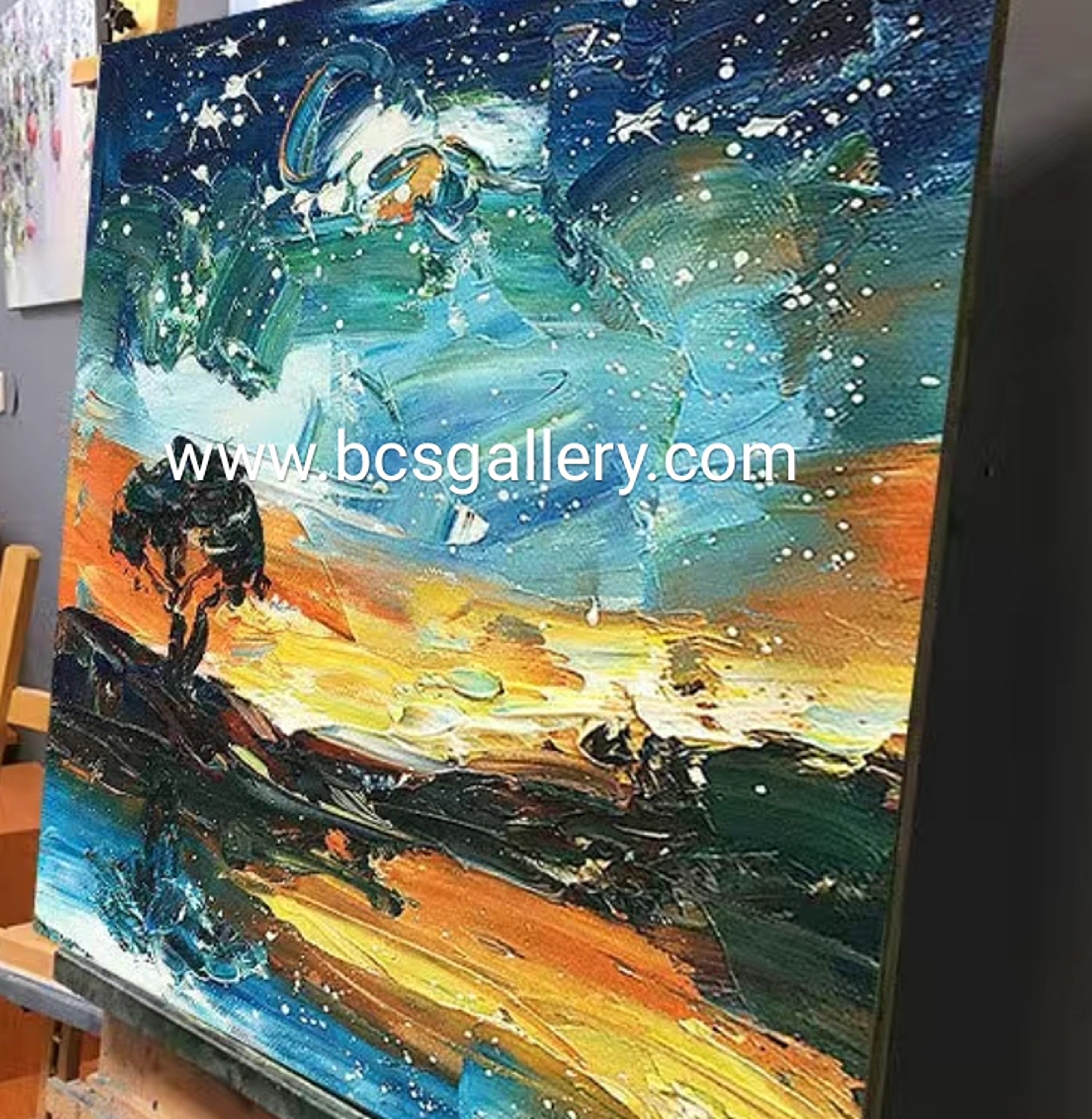 Along the Seine Impasto Original Oil Painting Van Gogh Inspired Starry Night art Trendy Home Decor by John Lu
