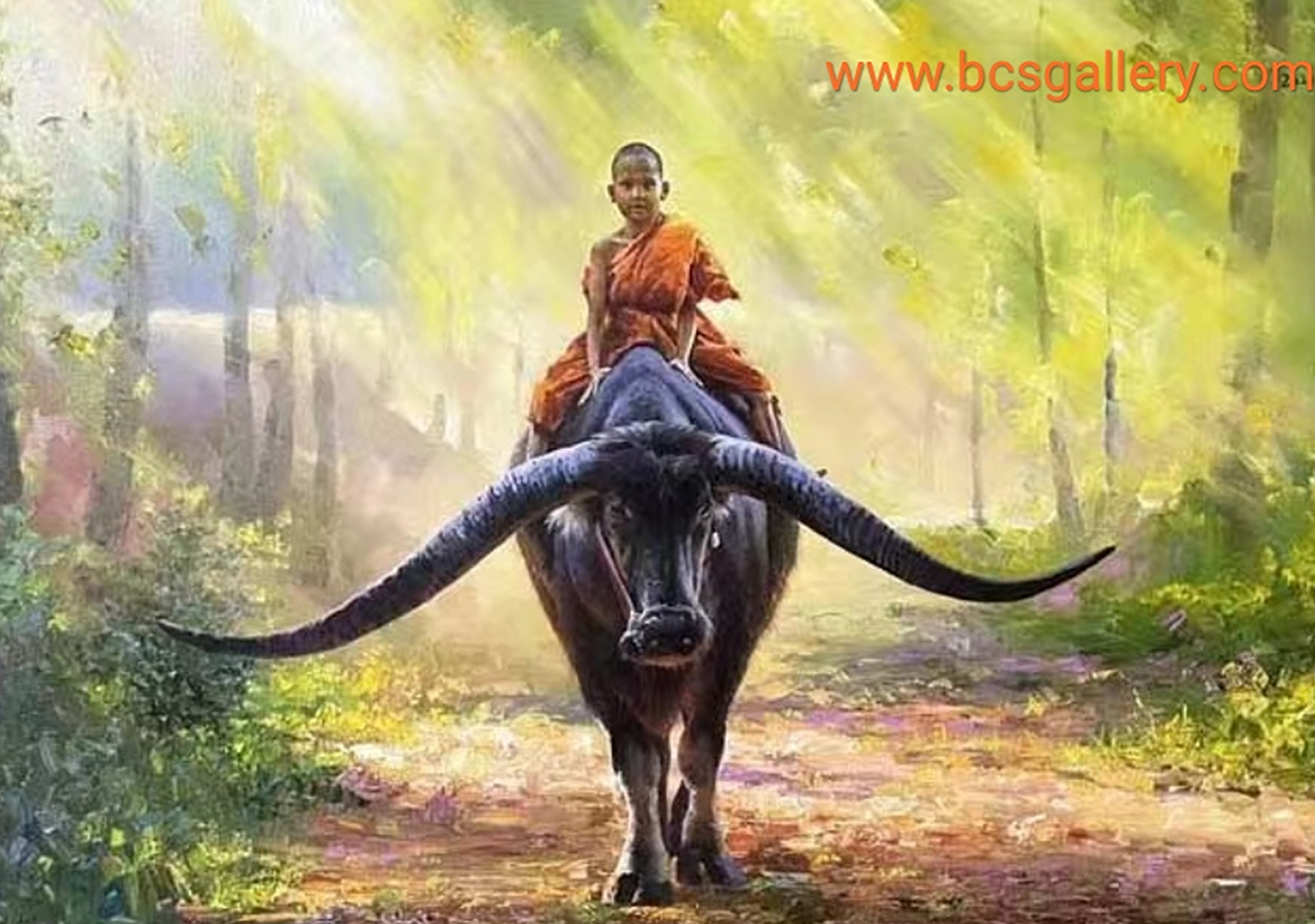 Original Young Monk Riding a Buffalo Oil Painting Buffalo Oil Painting on canvas 100% Hand Painted Rural Landscape by David Jin