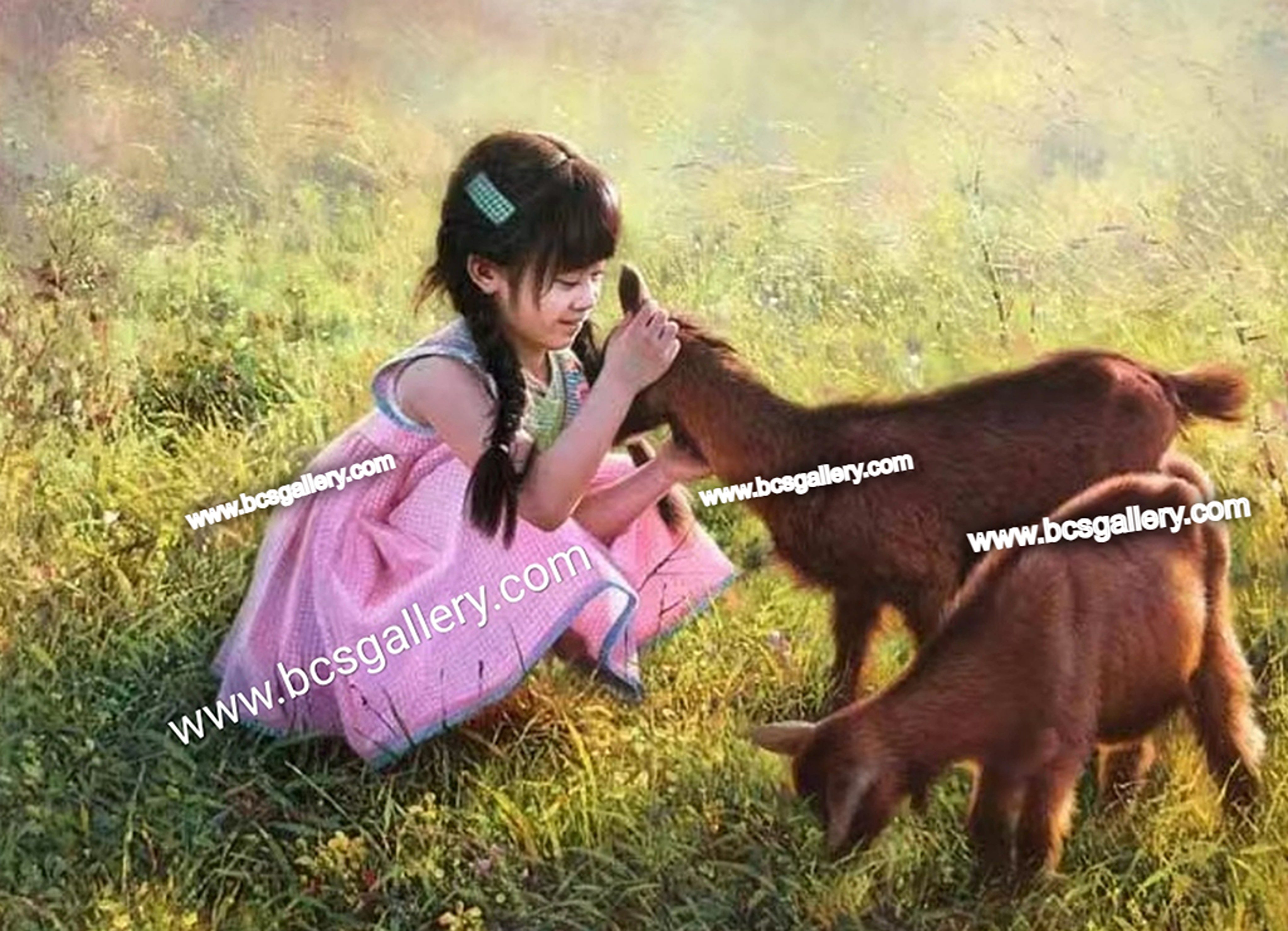 Original Girl with Two Lambs Oil Painting Sheep Oil Painting on canvas Rural Landscape