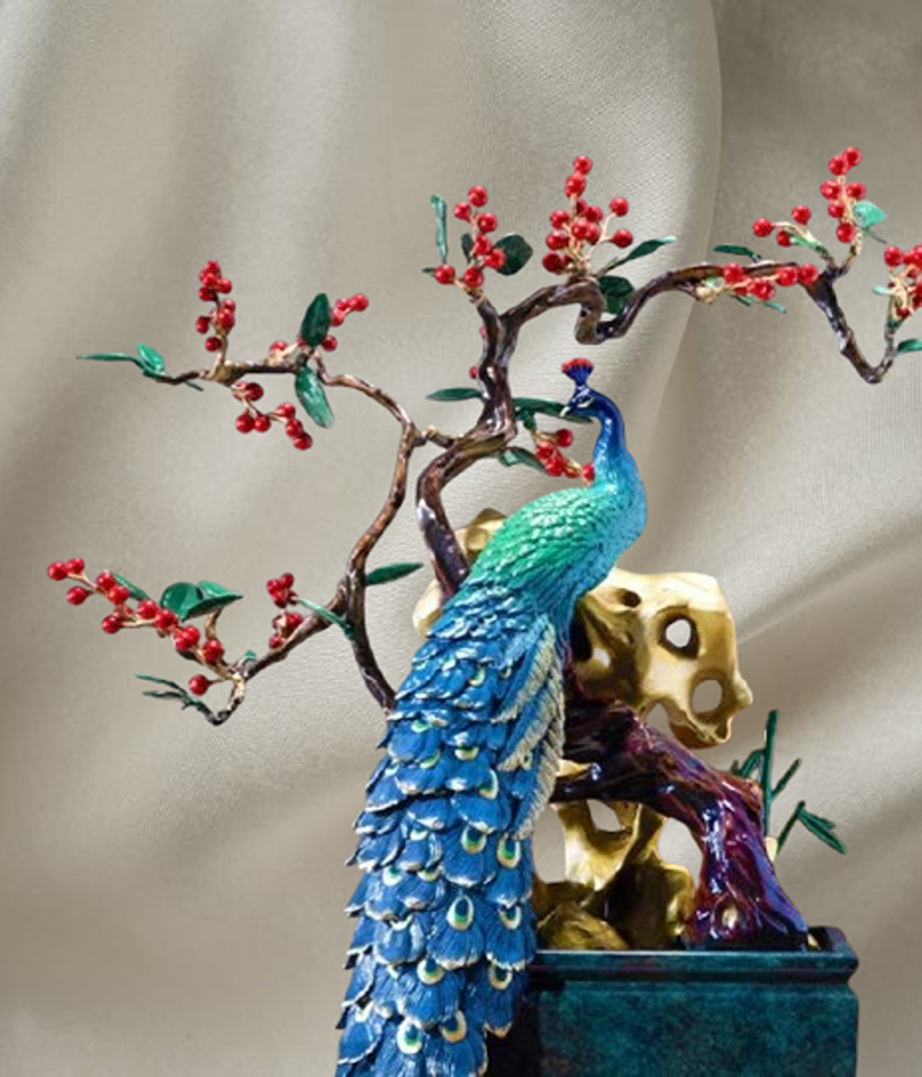 Peacock Elegance with Cherry Blossoms bronze sculpture Feng Shui Longevity Yin-Yang Handcrafted Lost-Wax Cast vintage Luxury Interior Statue