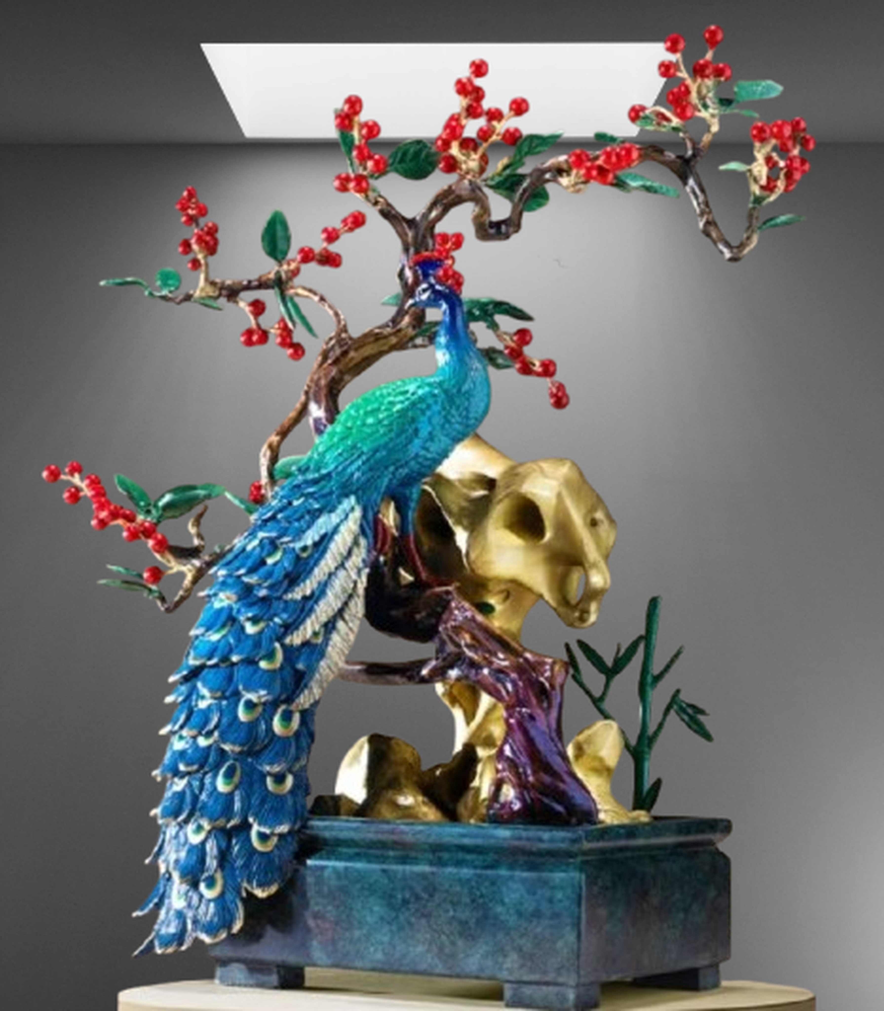 Peacock Elegance with Cherry Blossoms bronze sculpture Feng Shui Longevity Yin-Yang Handcrafted Lost-Wax Cast vintage Luxury Interior Statue