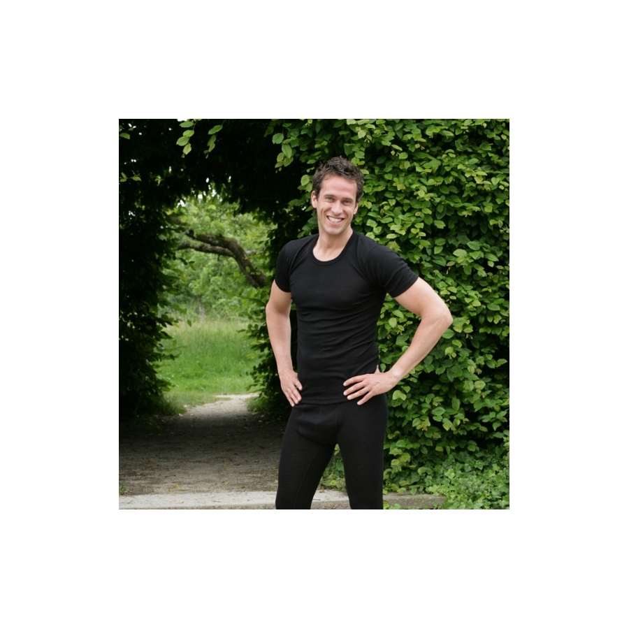 Vilnoniai marškinėliai su šilku trumpomis rankovėmis juodi