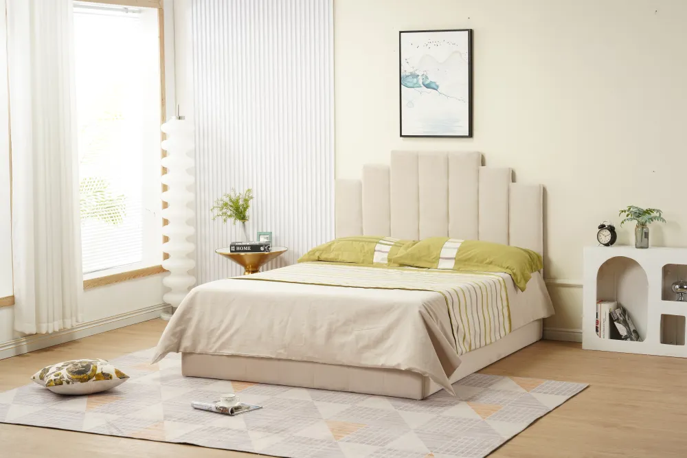 CADRE DE LIT PIANO 160 X 200 CM VENDU SANS SOMMIER  1 PC/ CARTON STRUCTURE EN BOIS, REVETEMENT EN VELOURS BEIGE