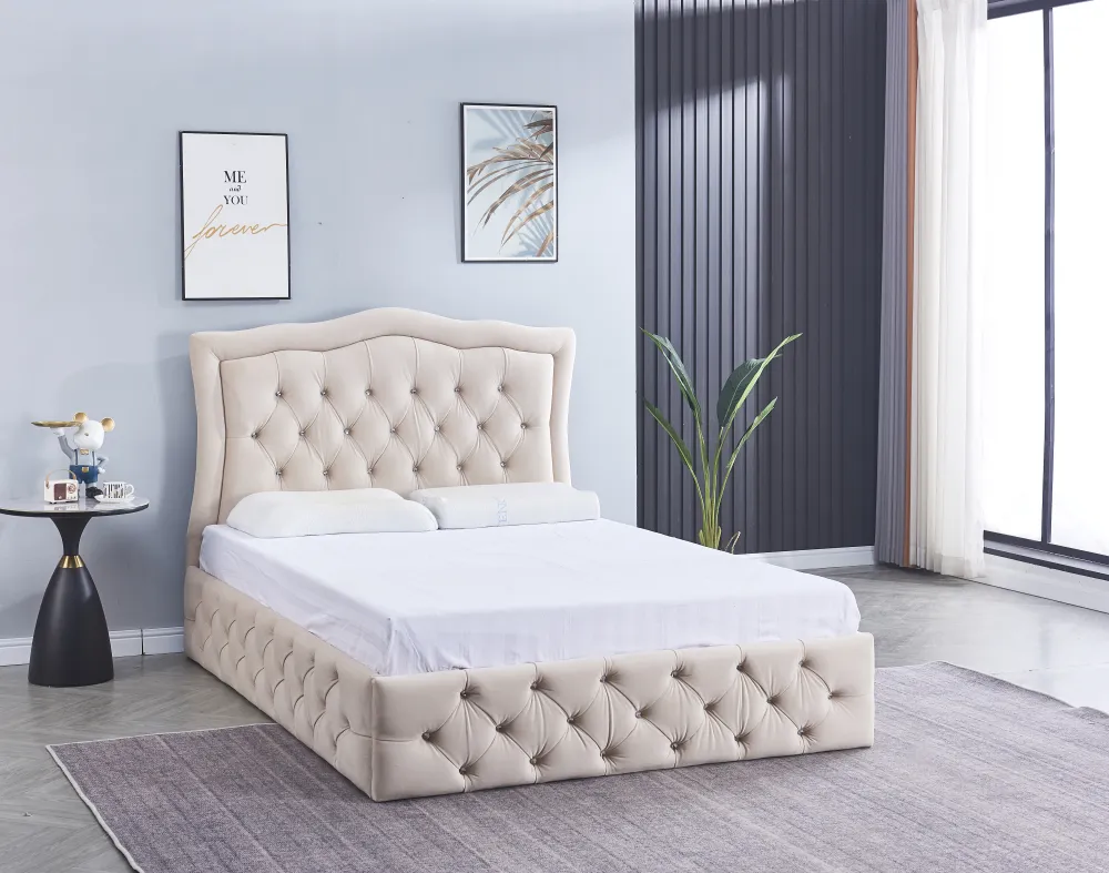 CADRE DE LIT TREND 160x200 VELOURS BEIGE VENDU SANS SOMMIER 1 PC/CARTON STRUCTURE EN BOIS, REVETEMENT VELOURS BEIGE