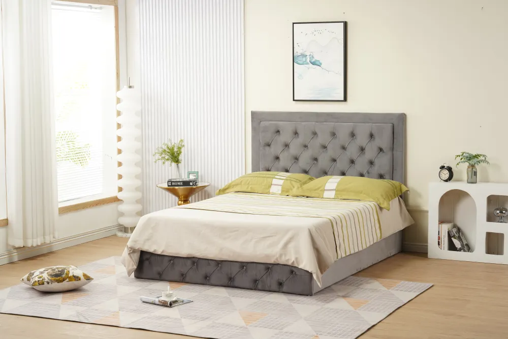 CADRE DE LIT ROMA 160 x 200cm VELOURS GRIS VENDU SANS SOMMIER 1 PC/CARTON STRUCTURE EN BOIS, REVETEMENT EN VELOURS GRIS