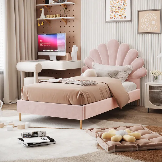 LIT ENFANT COQUILLAGE ROSE 90x190cm 1 PCS/ CARTON REVETEMENT EN VELOURS, SOMMIER A LATTE EN BOIS