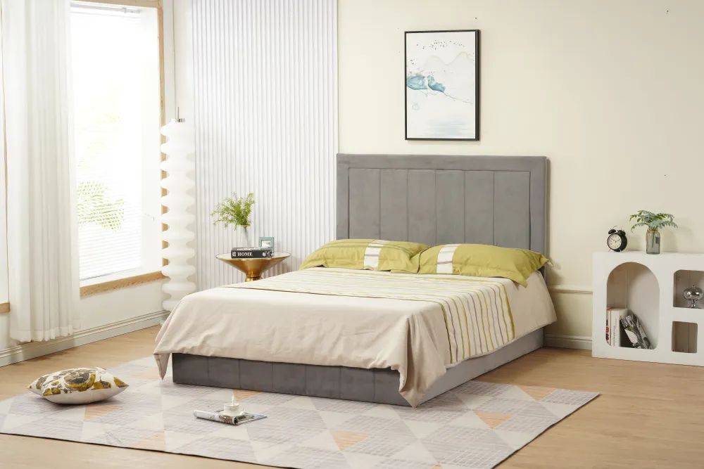 CADRE DE LIT POLO 140 x 190cm VELOURS GRIS VENDU SANS SOMMIER 1 PC/ CARTON STRUCTURE EN BOIS, REVETEMENT EN VELOURS GRIS