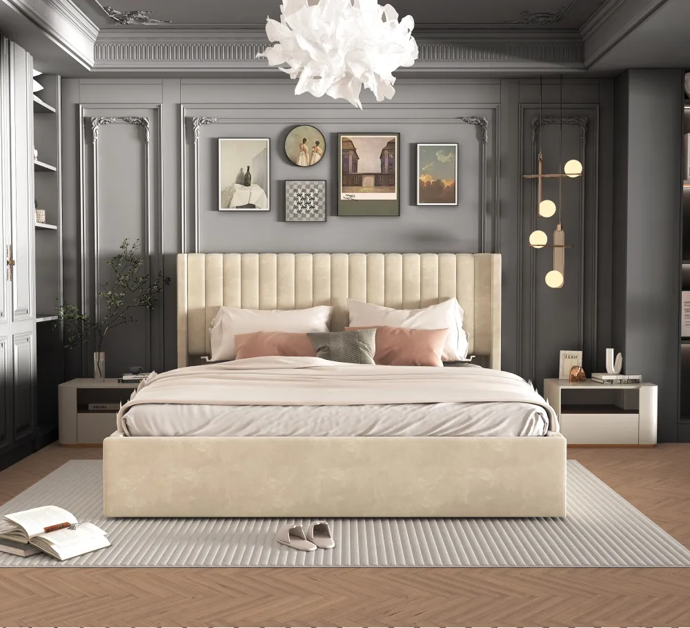 LIT DOUBLE COFFRE CAMILLE VELOURS BEIGE 160X200CM 1 PC/ CARTON