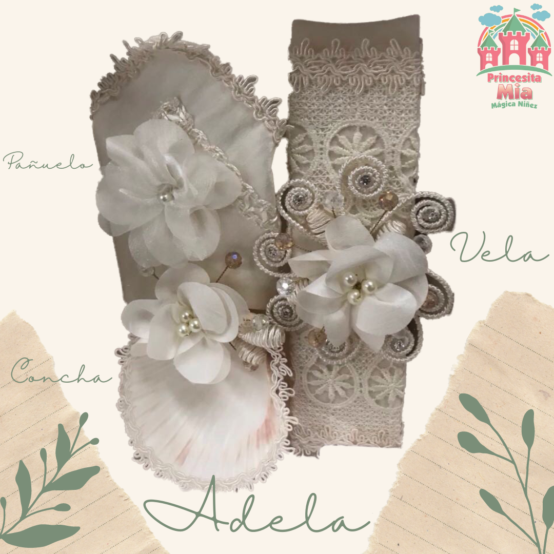 Kit de Vela, Concha y Pañuelo para bautizo - Modelo Adela