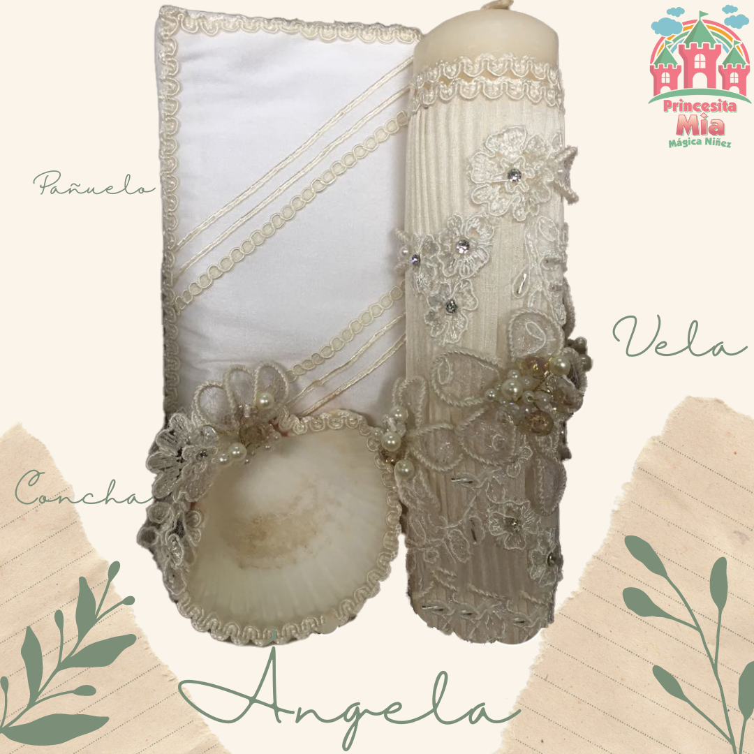 Kit de Vela, Concha y Pañuelo para bautizo - Modelo Ángela