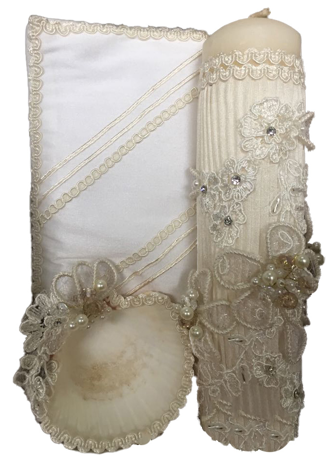 Kit de Vela, Concha y Pañuelo para bautizo - Modelo Ángela