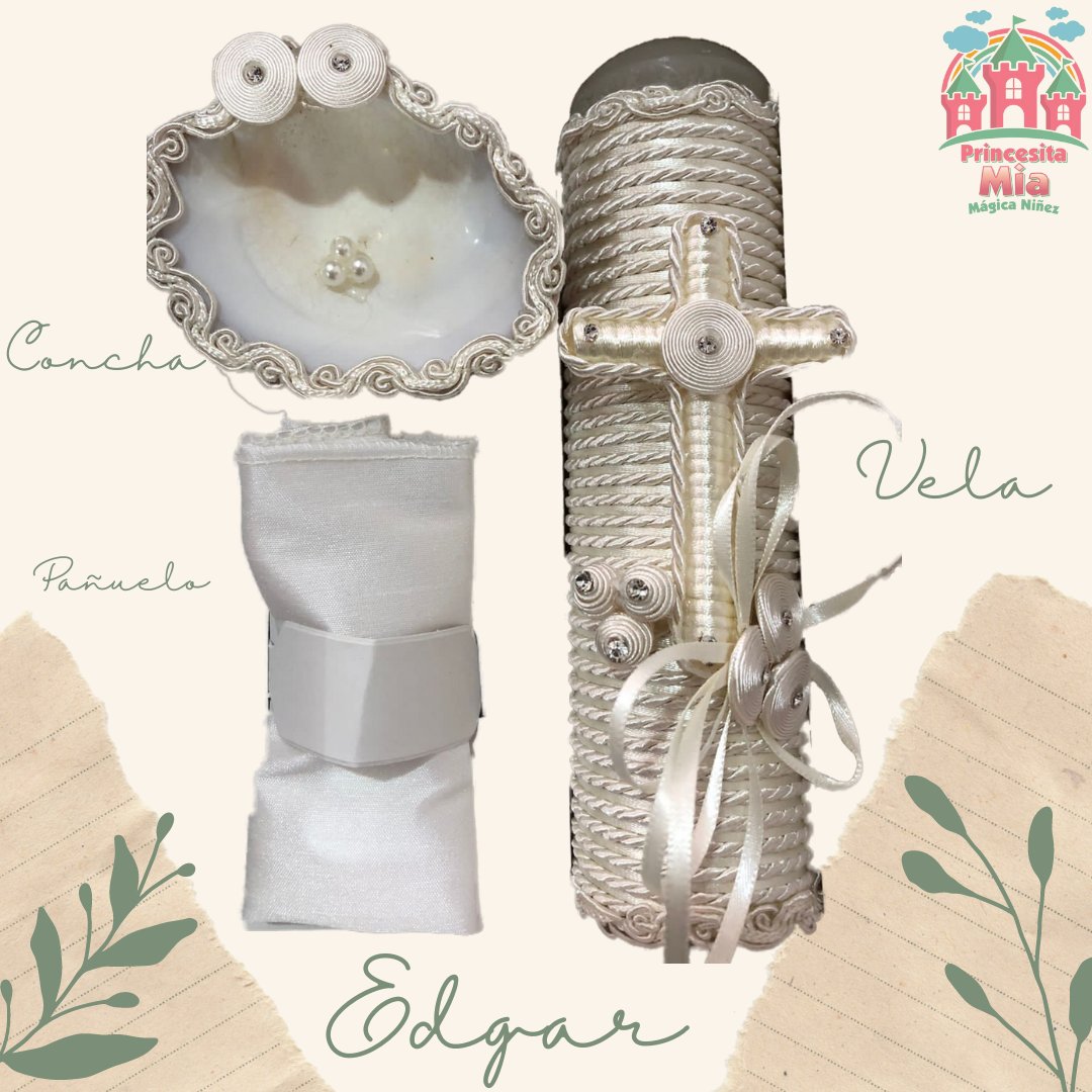 Kit de Vela, Concha y Pañuelo para bautizo - Modelo Édgar 