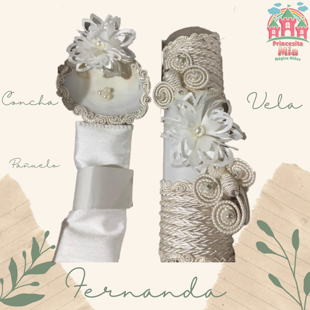 Kit de Vela, Concha y Pañuelo para bautizo - Modelo Fernanda