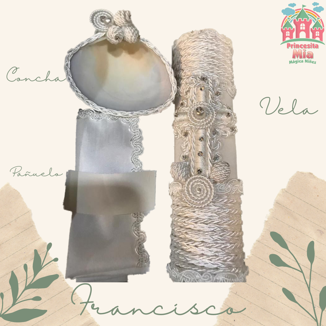 Kit de Vela, Concha y Pañuelo para bautizo - Modelo Francisco