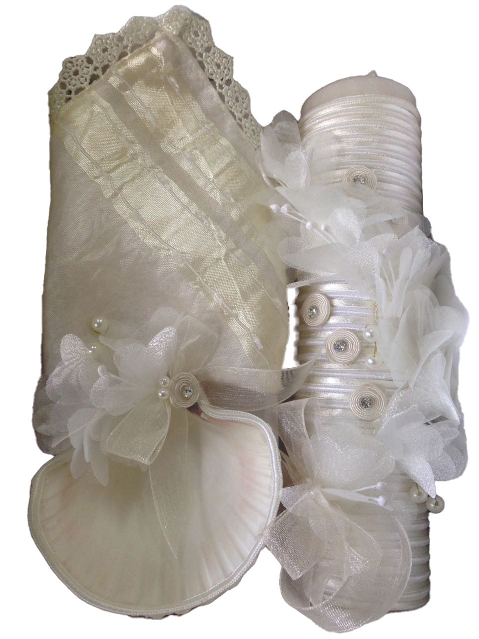 Kit de Vela, Concha y Pañuelo para bautizo - Modelo Isabela