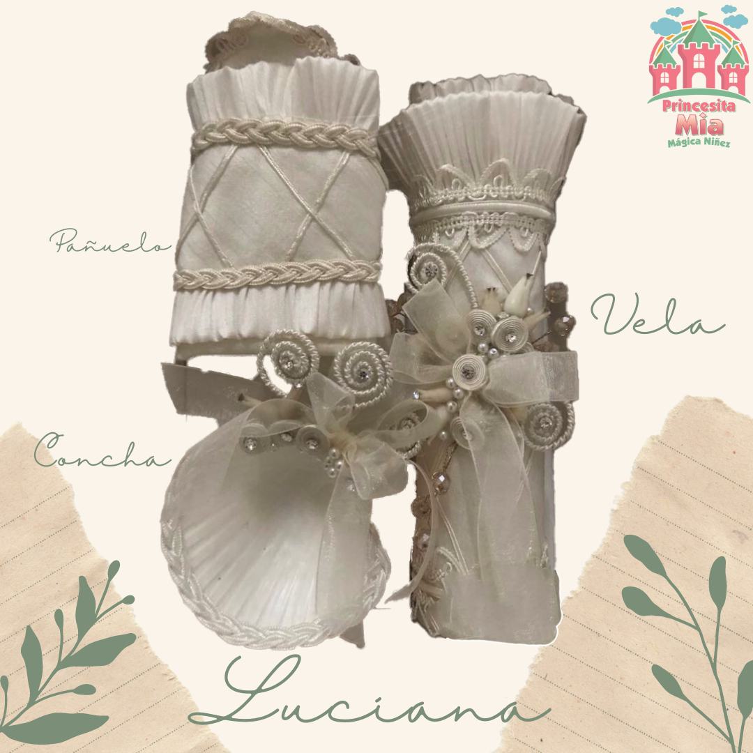 Kit de Vela, Concha y Pañuelo para bautizo - Modelo Luciana