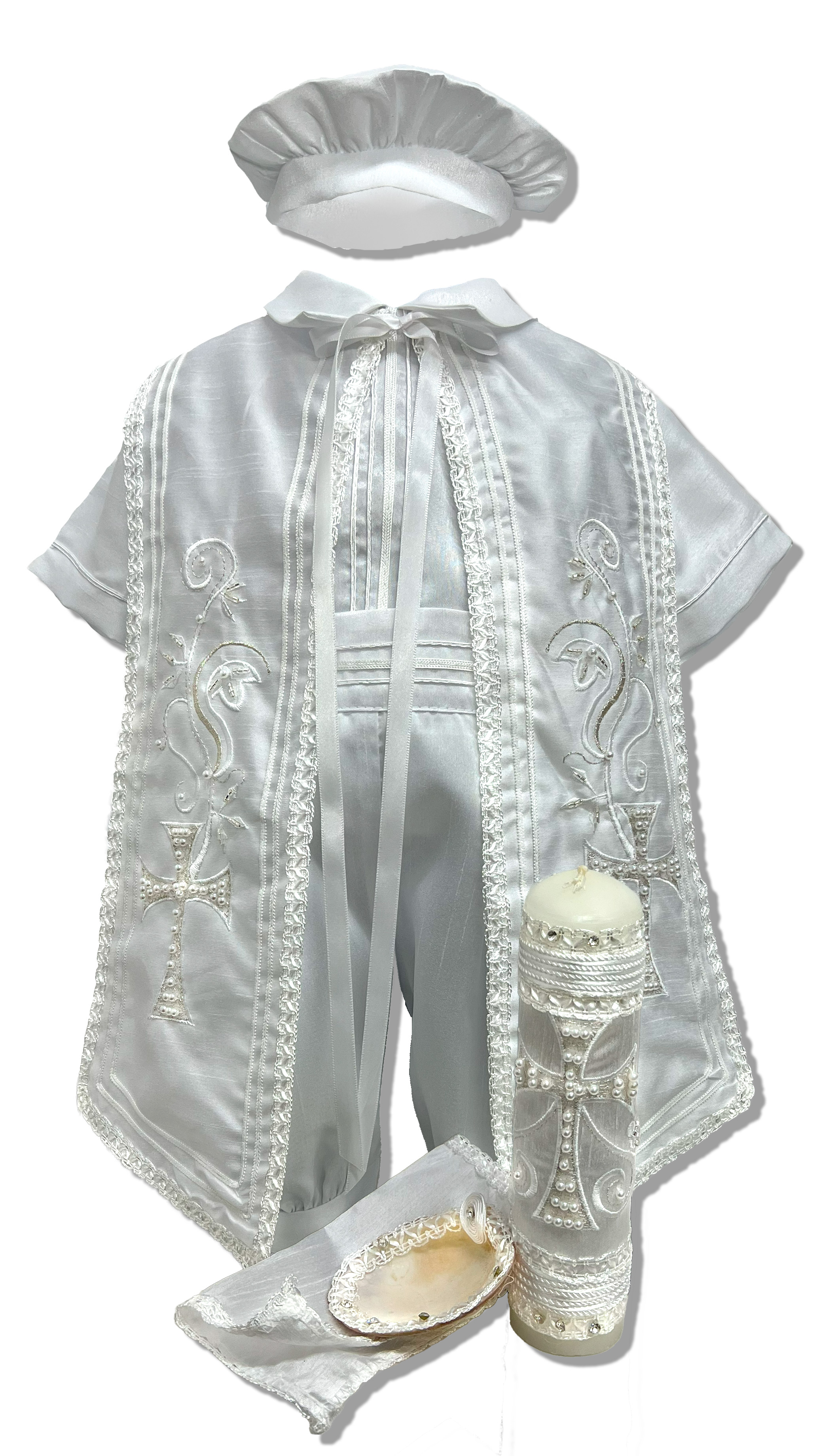 Kit de bautizo completo, vela, concha, ropón pañuelo y más: Modelo Alexis