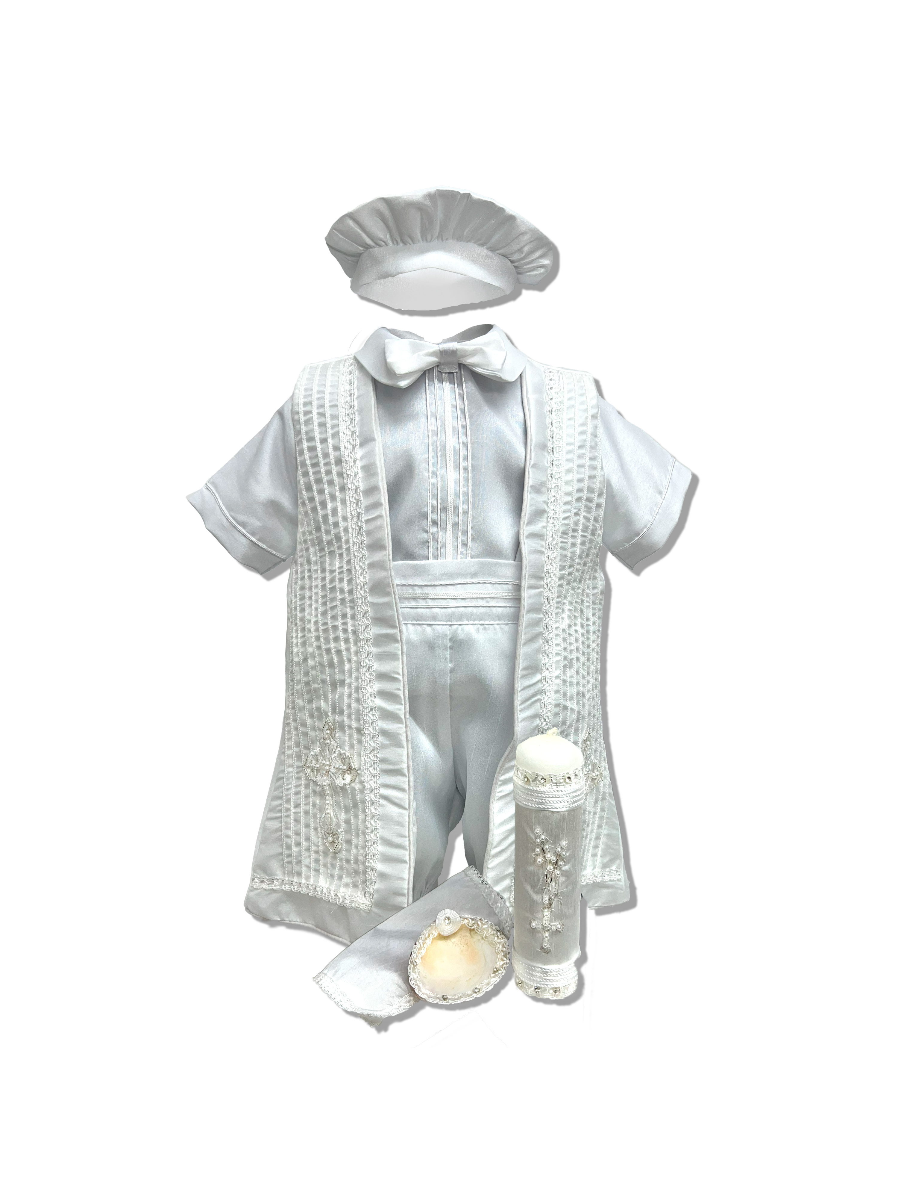 Kit de bautizo completo, vela, concha, ropón pañuelo y más: Modelo Antonio