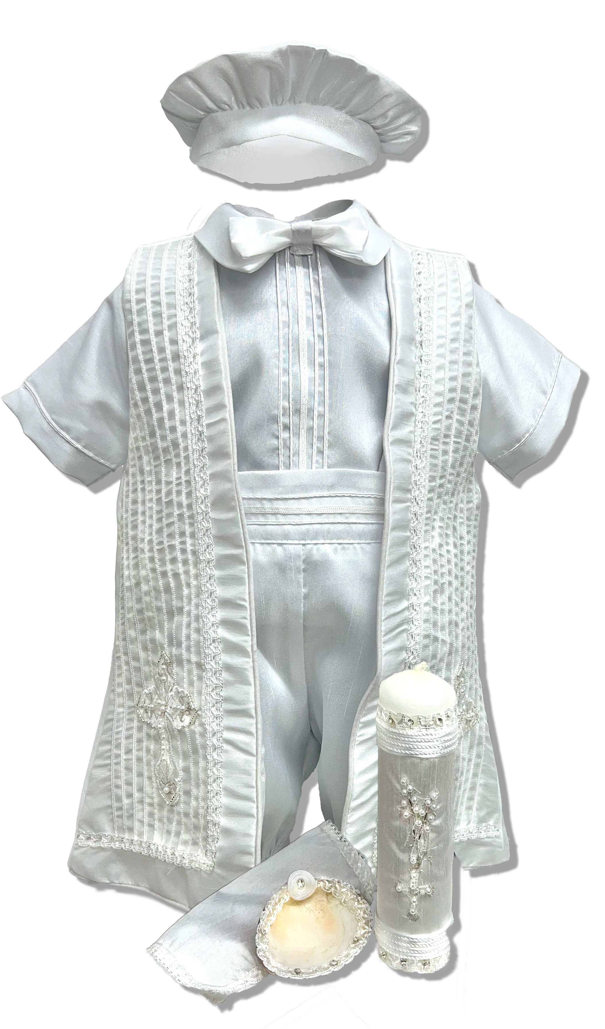 Kit de bautizo completo, vela, concha, ropón pañuelo y más: Modelo Antonio