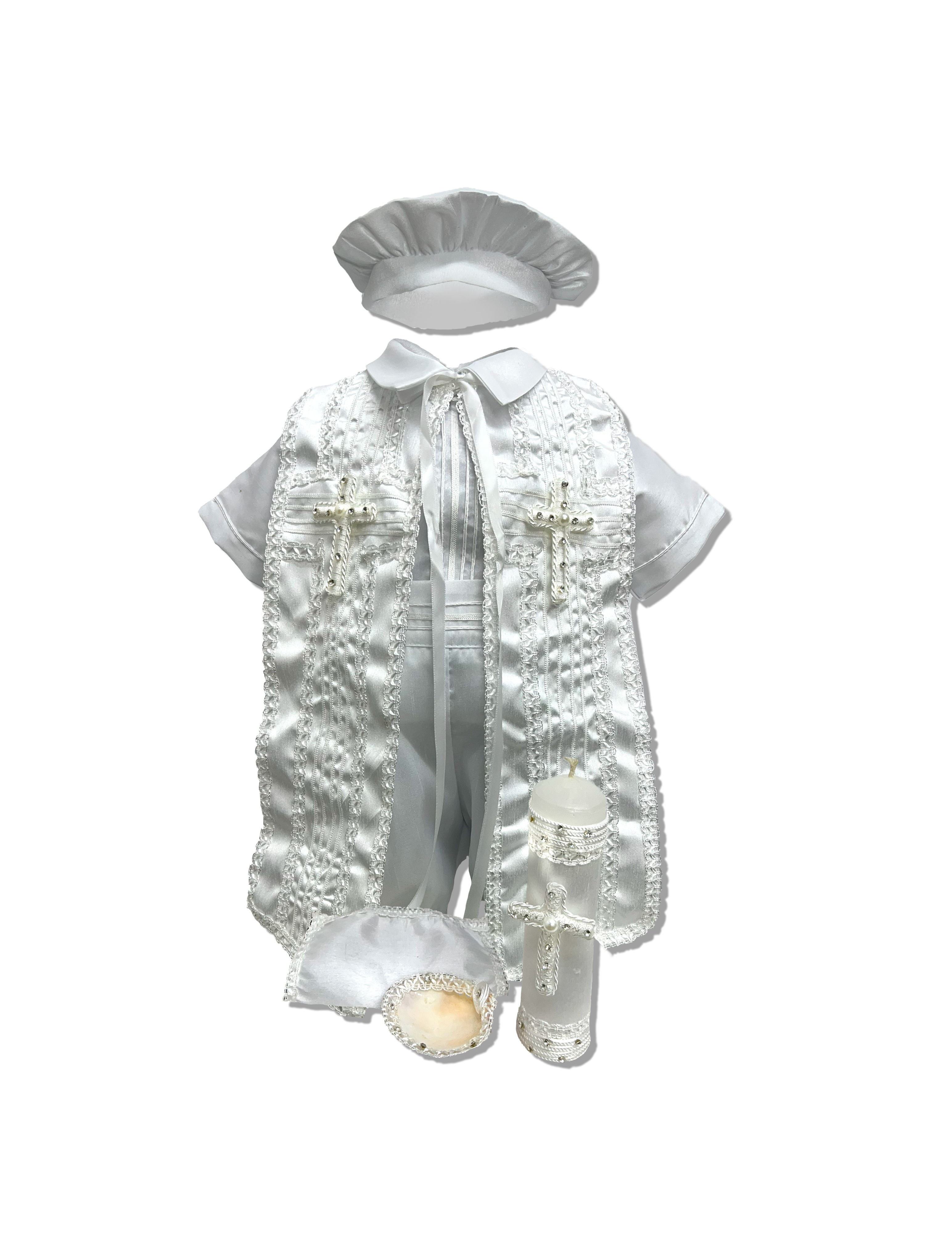 Kit de bautizo completo, vela, concha, ropón pañuelo y más: Modelo Benny