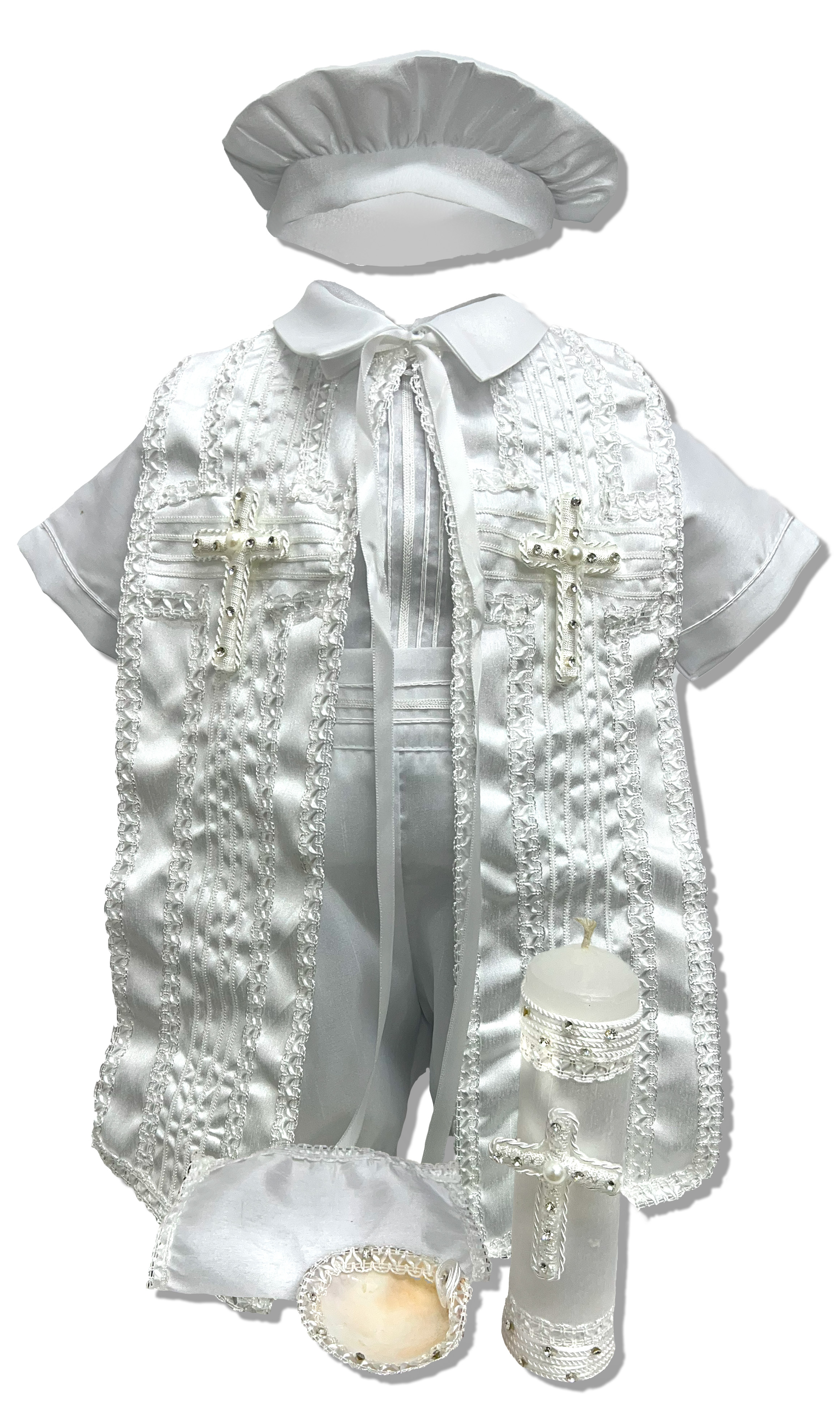 Kit de bautizo completo, vela, concha, ropón pañuelo y más: Modelo Benny