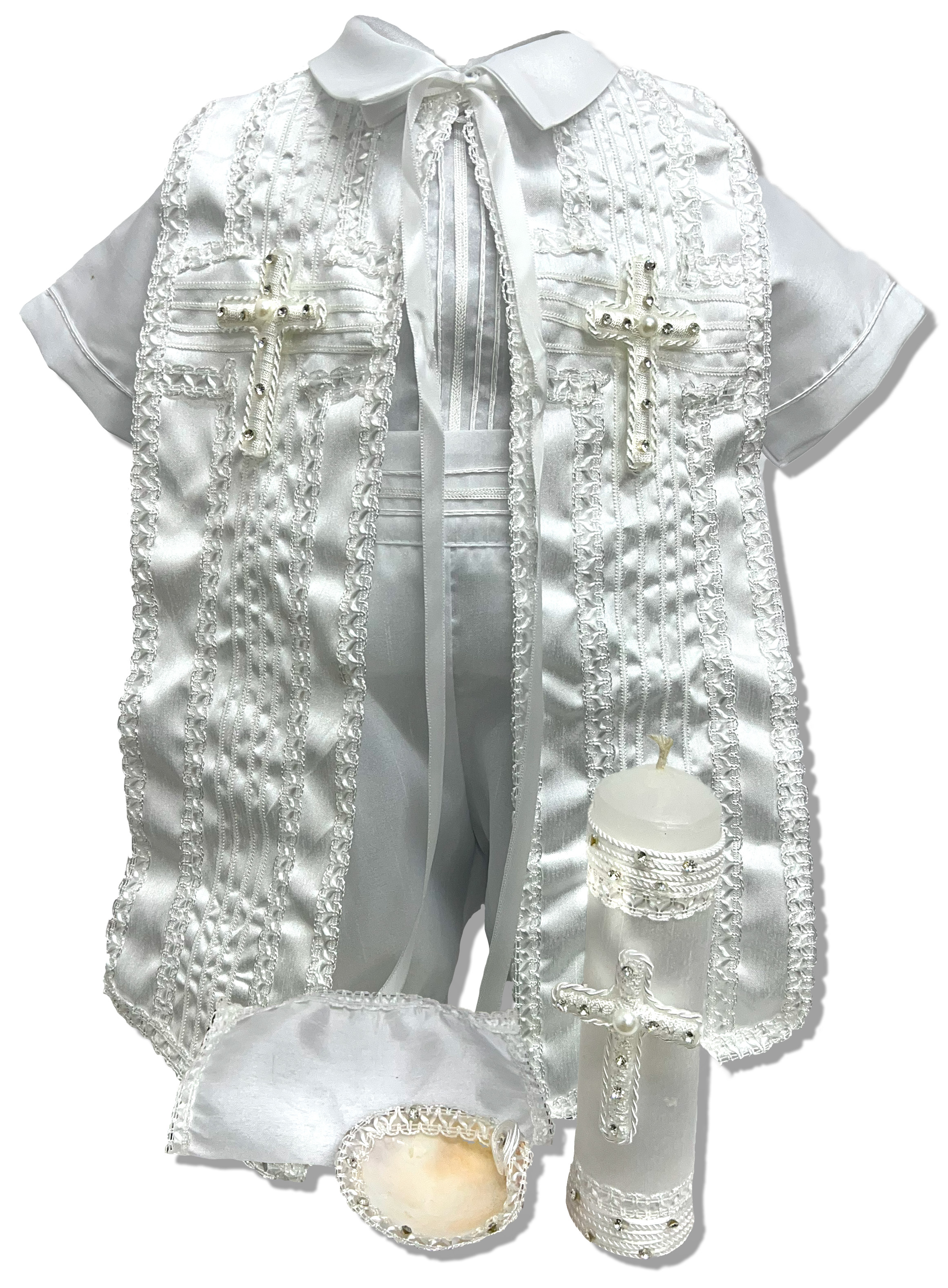 Kit de bautizo completo, vela, concha, ropón pañuelo y más: Modelo Benny