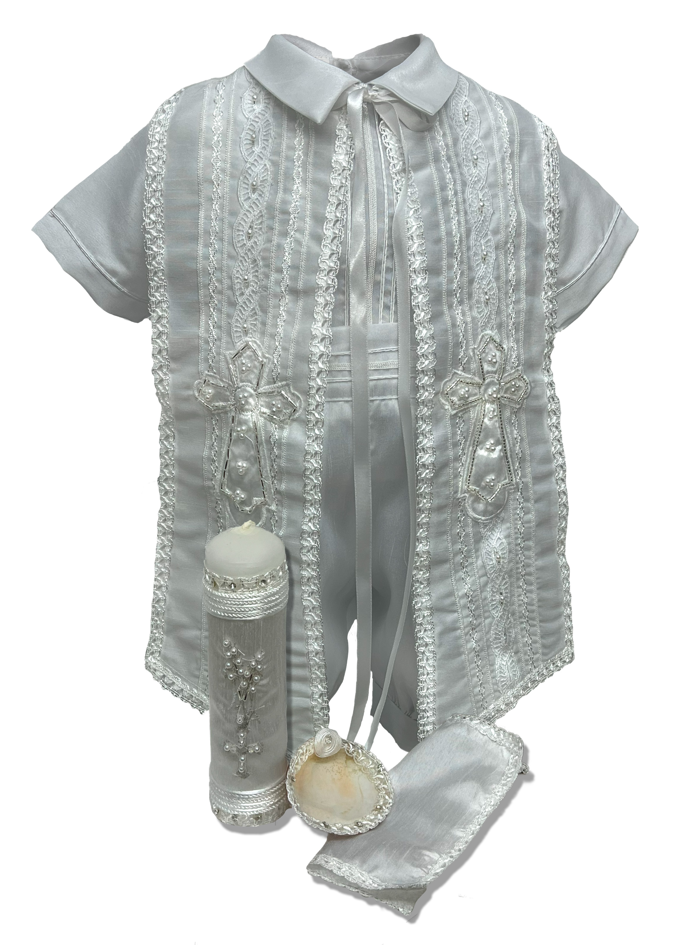 Kit de bautizo completo, vela, concha, ropón, pañuelo y más: Modelo Manolo
