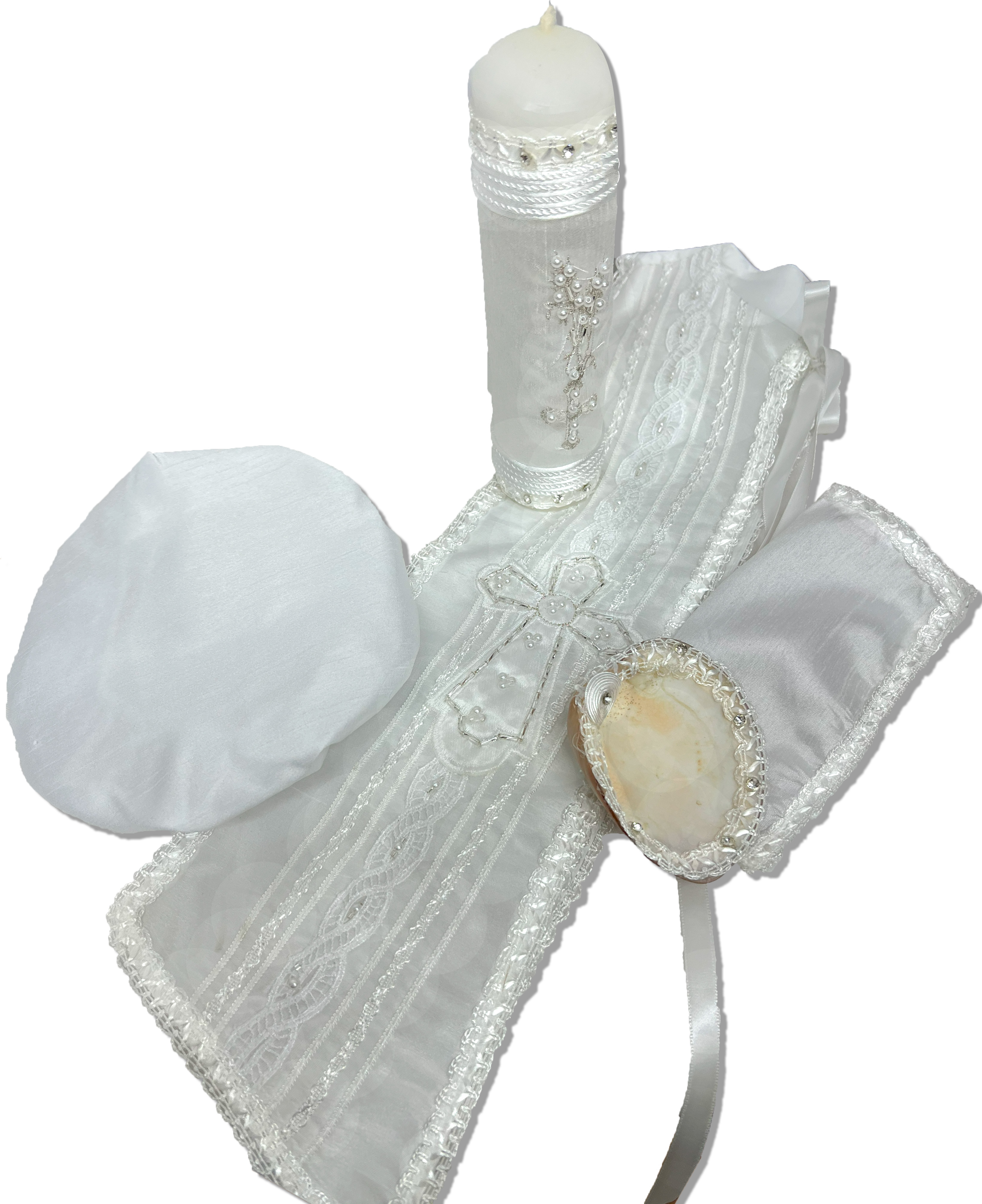 Kit de bautizo completo, vela, concha, ropón, pañuelo y más: Modelo Manolo
