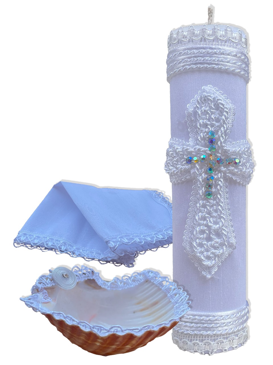 Kit de Vela, Concha y Pañuelo para bautizo - Modelo Leonel 