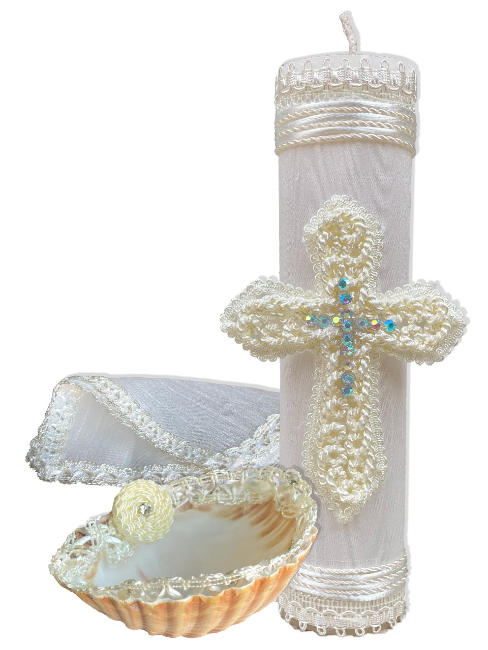Kit de Vela, Concha y Pañuelo para bautizo - Modelo Leonel 