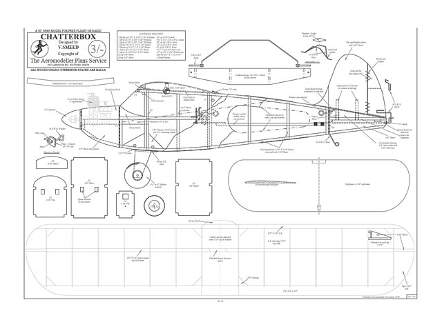 Chatterbox by Vic Smeed- Free Flight/RC 30" model Plane - Laser-cut Balsa/Ply Parts