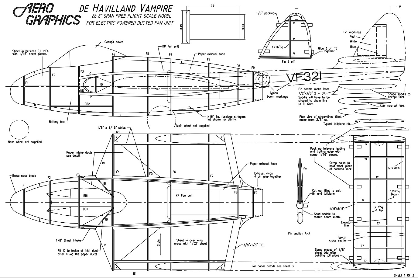 De Havilland Vampire - 26.5" Scale free-flight model ~ Laser-cut parts set