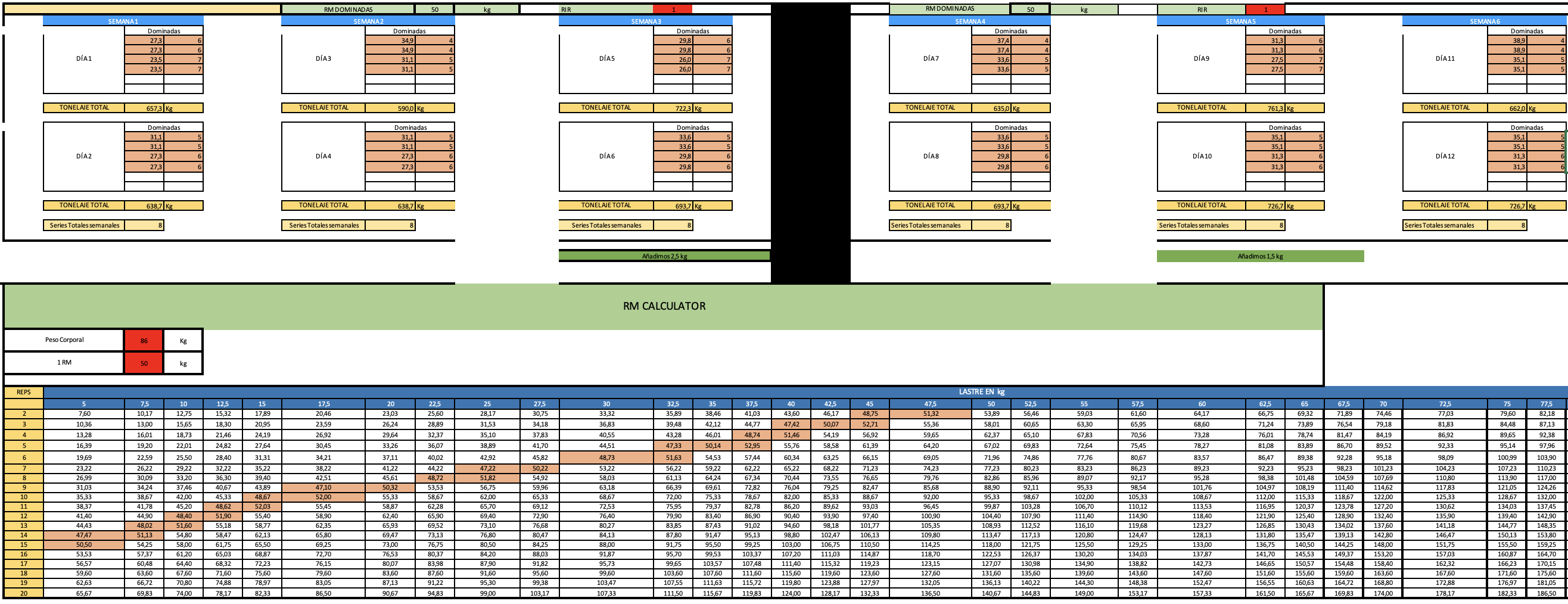 Excel Mesociclos Fuerza (Pull Ups, Bench Press, SQ & DL)